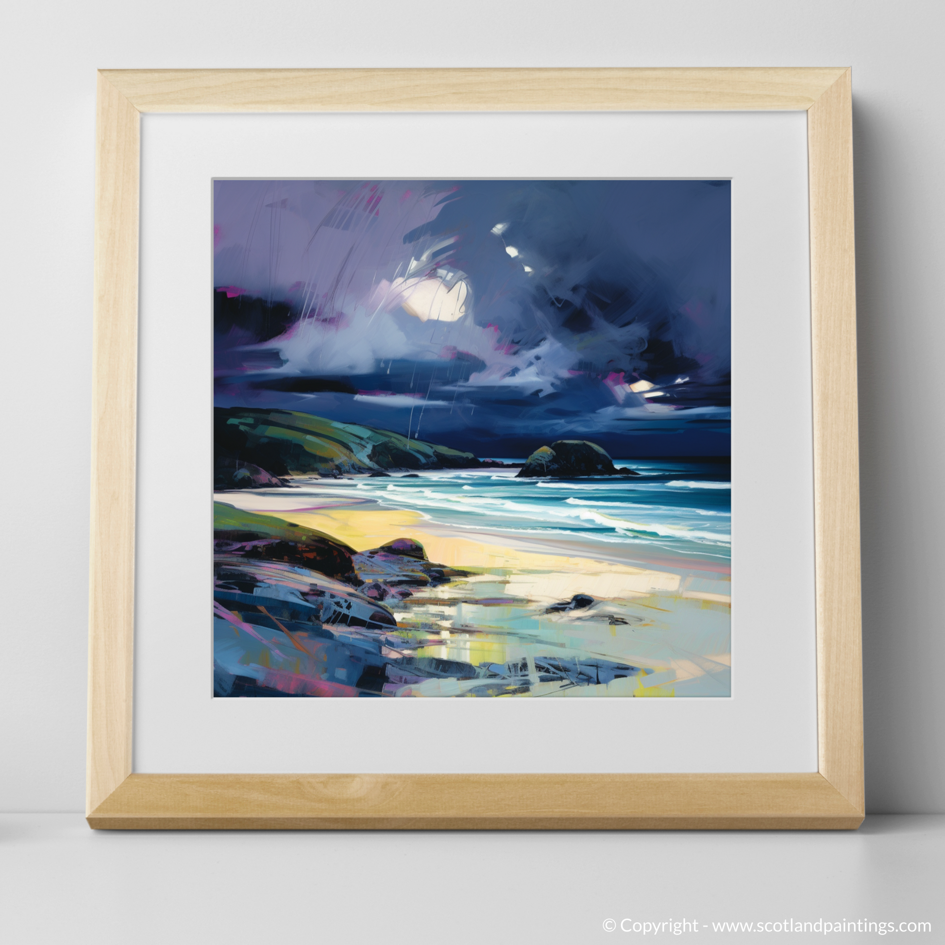 Art Print of Sandwood Bay with a stormy sky with a natural frame