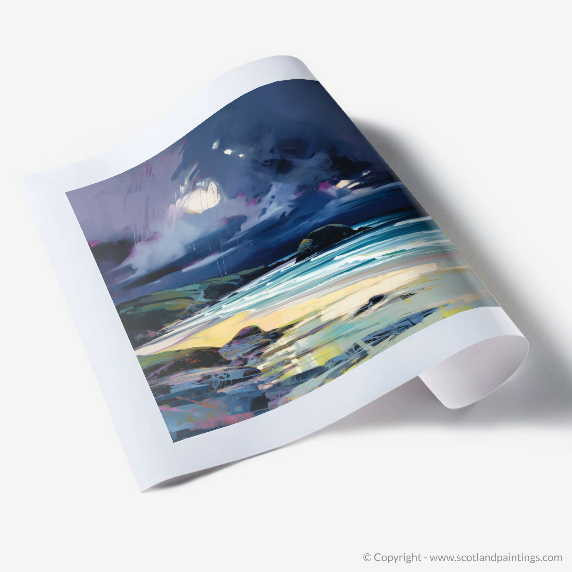 Art Print of Sandwood Bay with a stormy sky