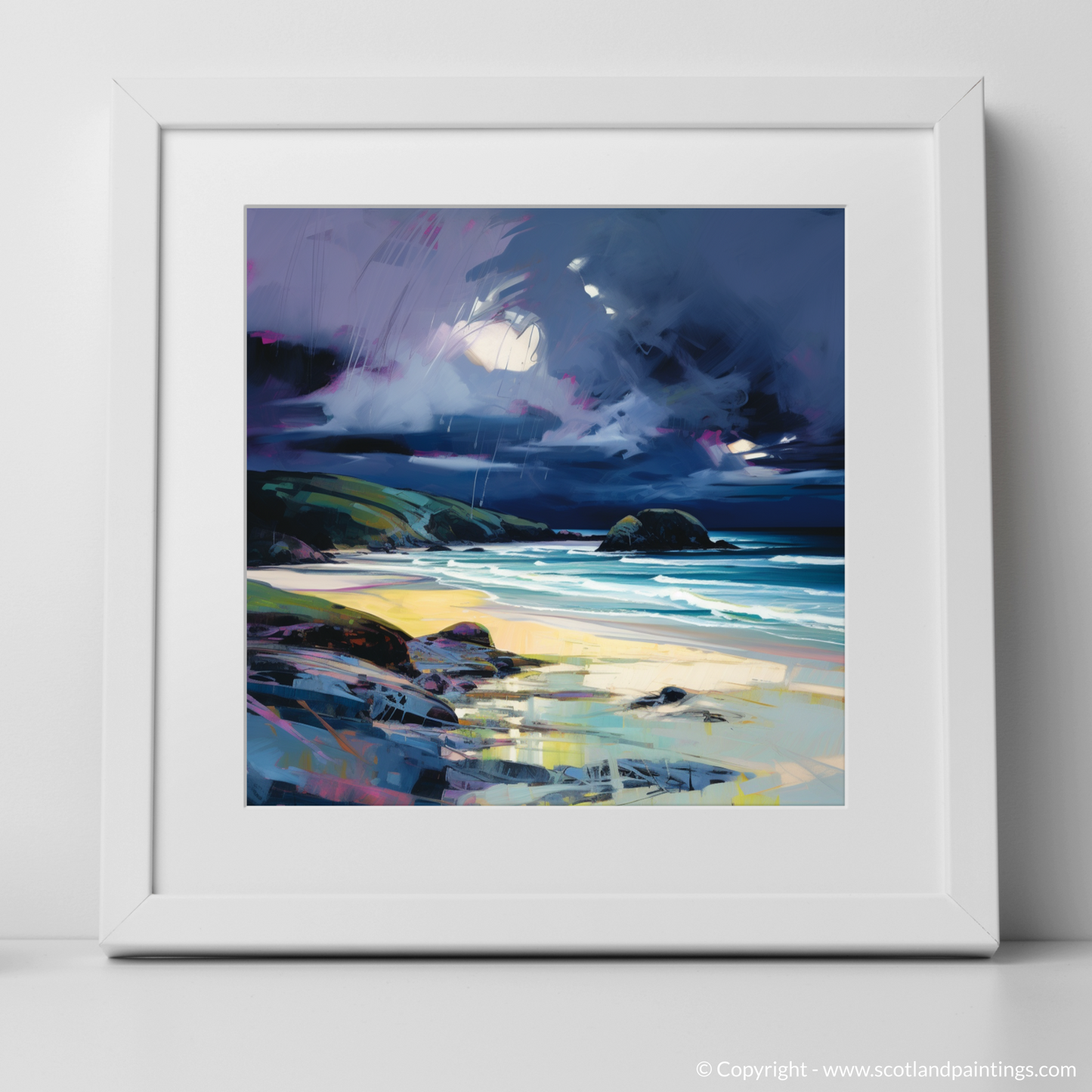 Art Print of Sandwood Bay with a stormy sky with a white frame