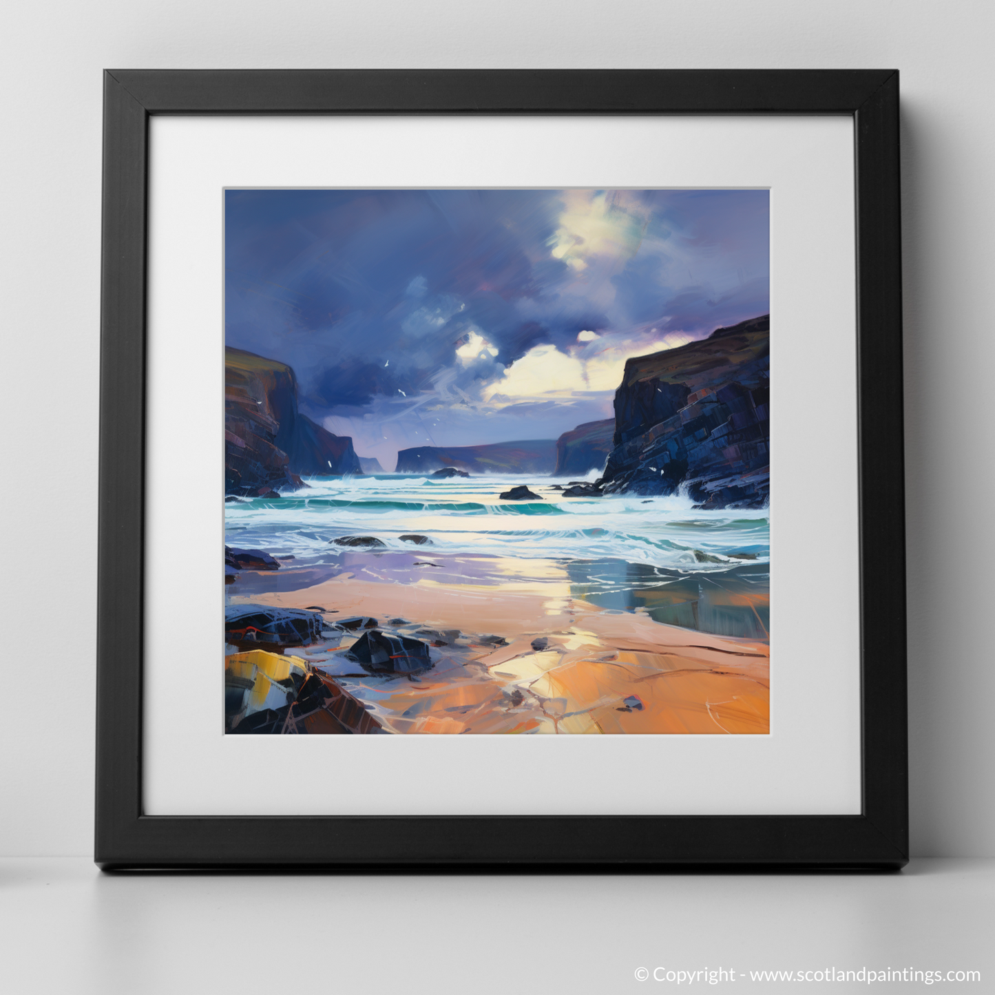 Art Print of Sandwood Bay with a stormy sky with a black frame
