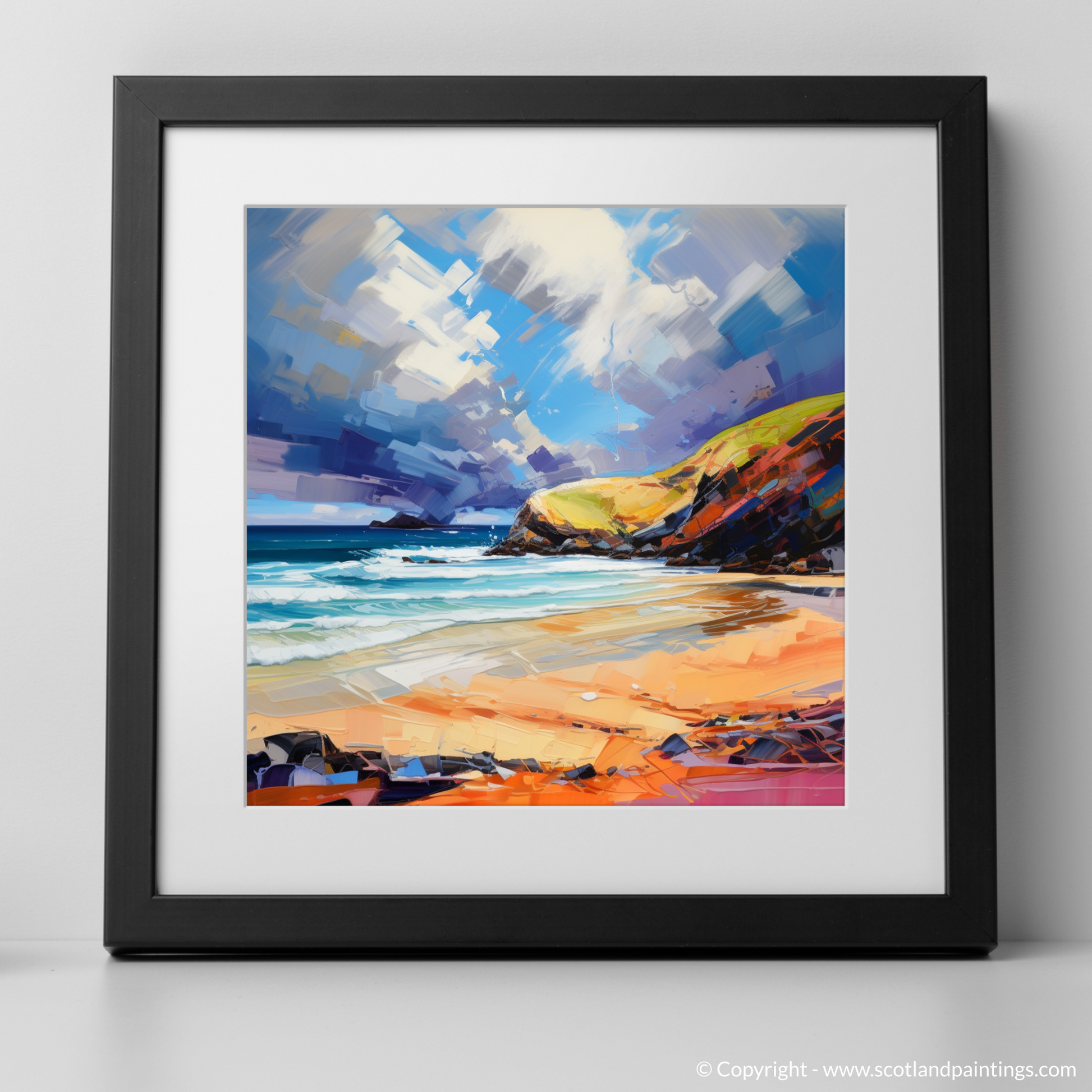 Art Print of Sandwood Bay with a stormy sky with a black frame