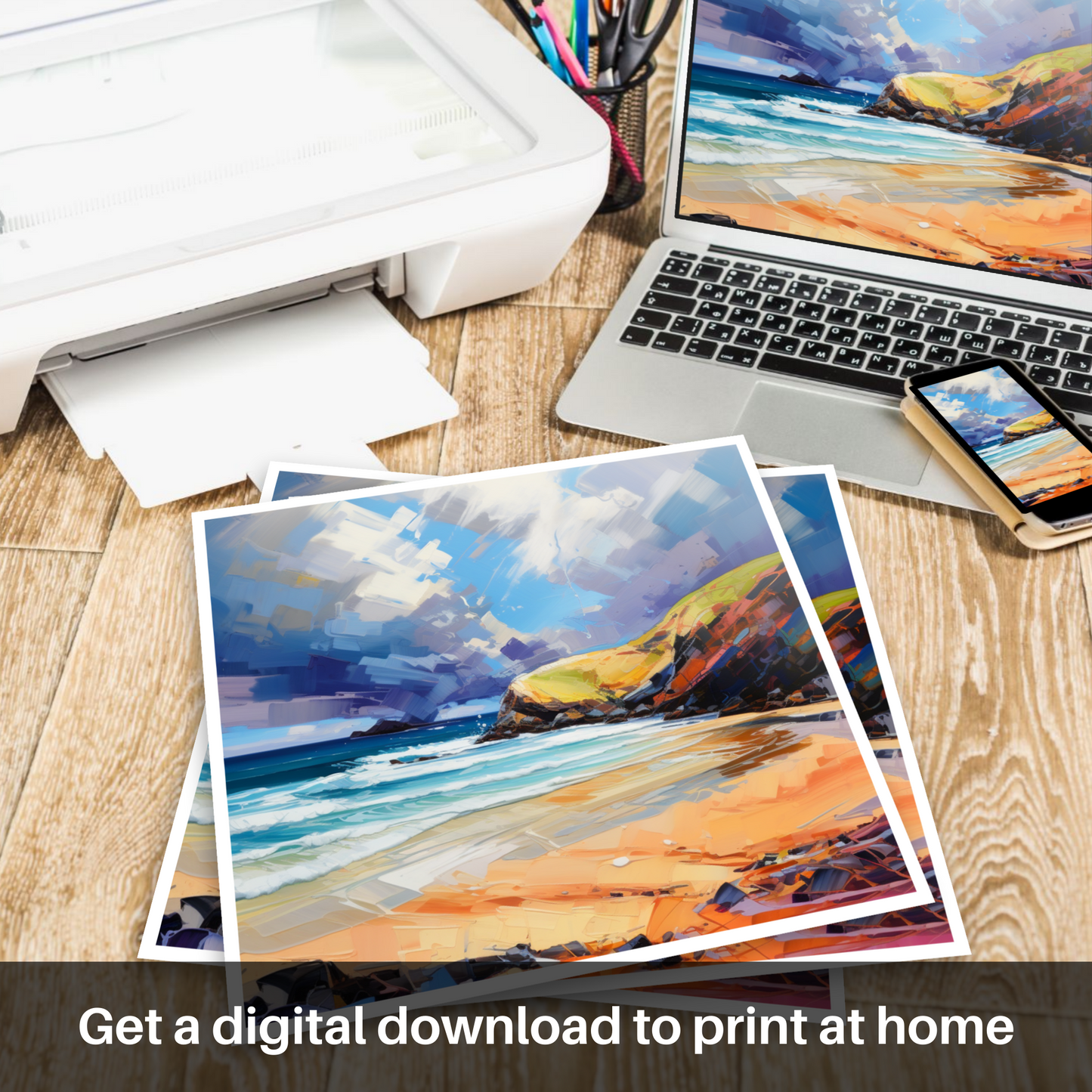 Downloadable and printable picture of Sandwood Bay with a stormy sky