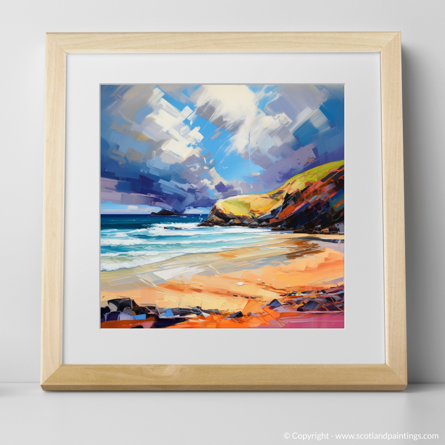 Art Print of Sandwood Bay with a stormy sky with a natural frame