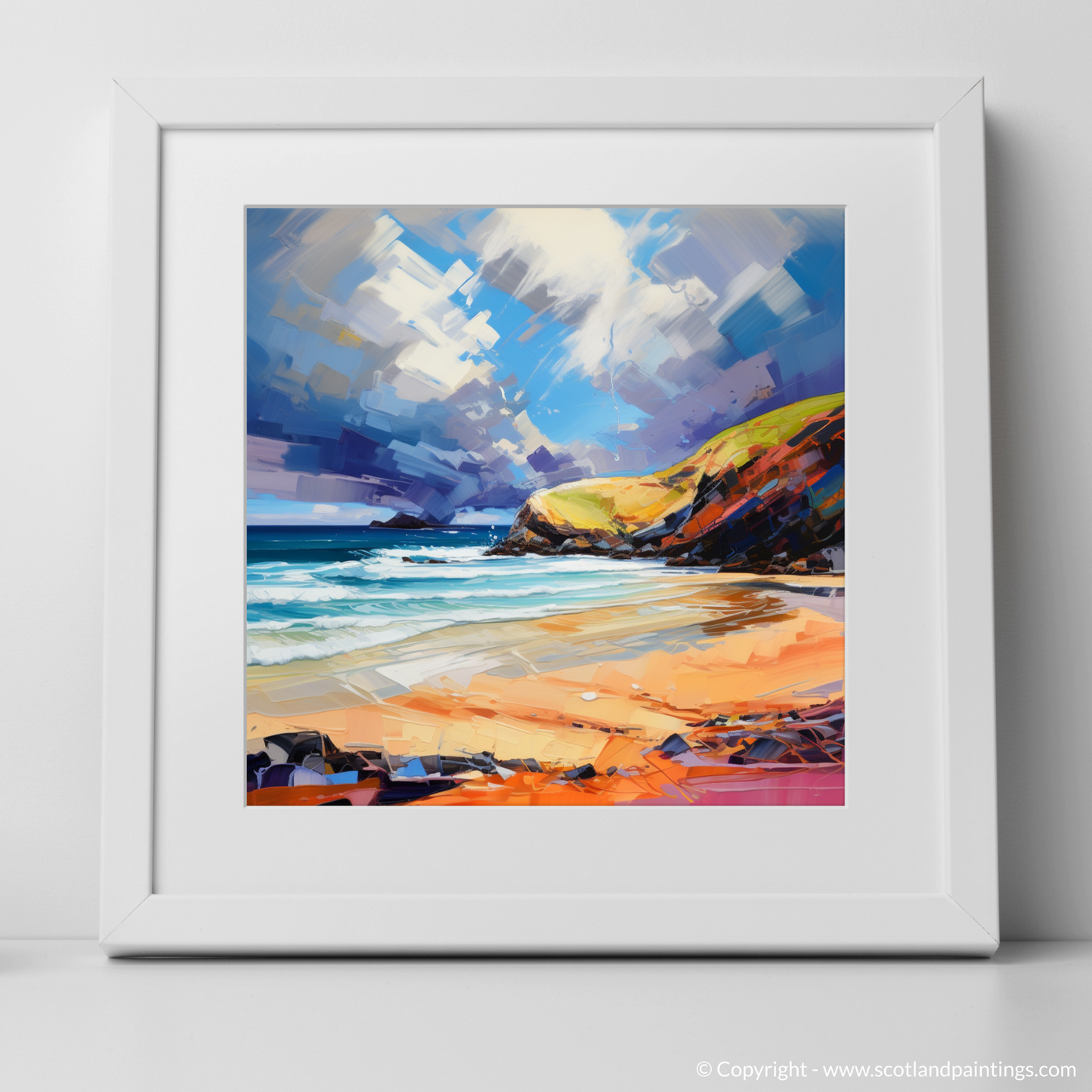 Art Print of Sandwood Bay with a stormy sky with a white frame