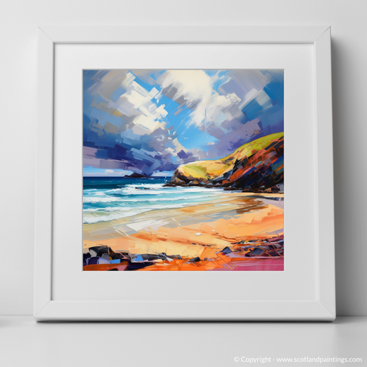 Art Print of Sandwood Bay with a stormy sky with a white frame