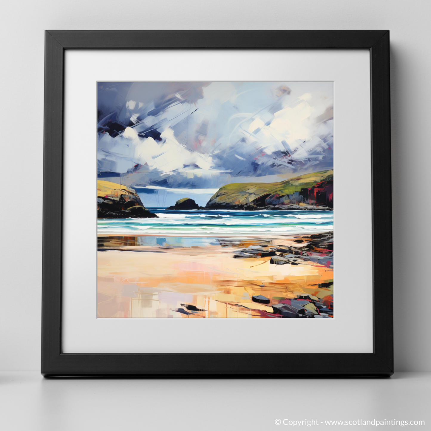 Art Print of Sandwood Bay with a stormy sky with a black frame