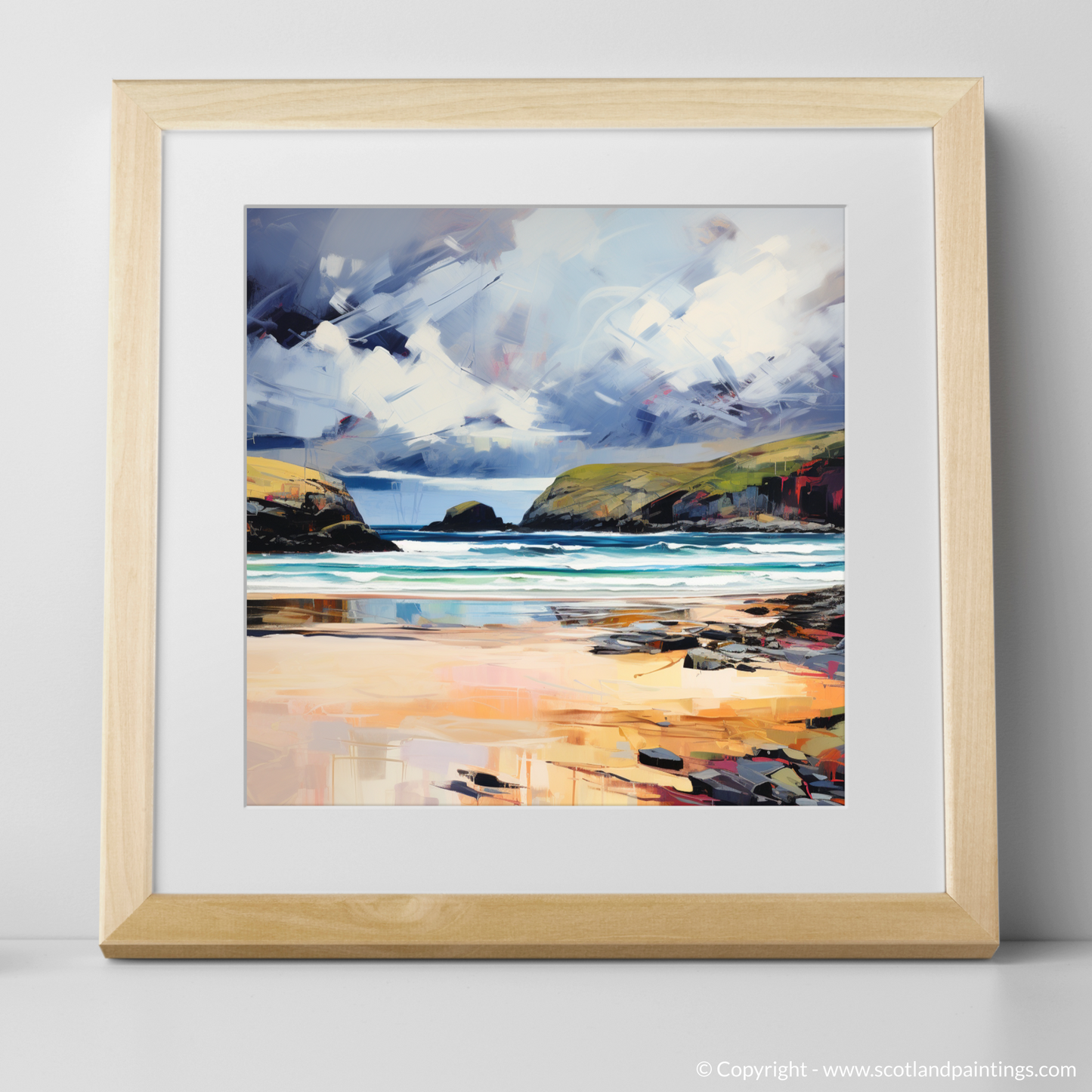 Art Print of Sandwood Bay with a stormy sky with a natural frame
