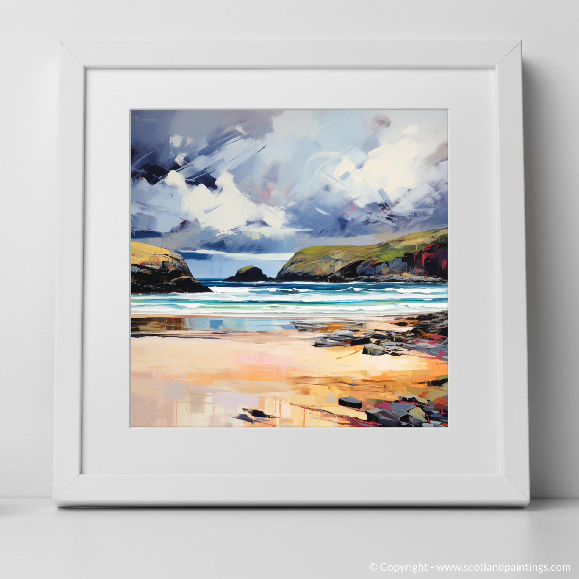 Art Print of Sandwood Bay with a stormy sky with a white frame