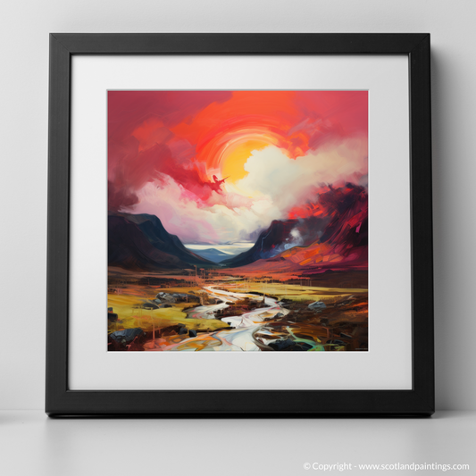 Art Print of Crimson clouds over valley in Glencoe with a black frame