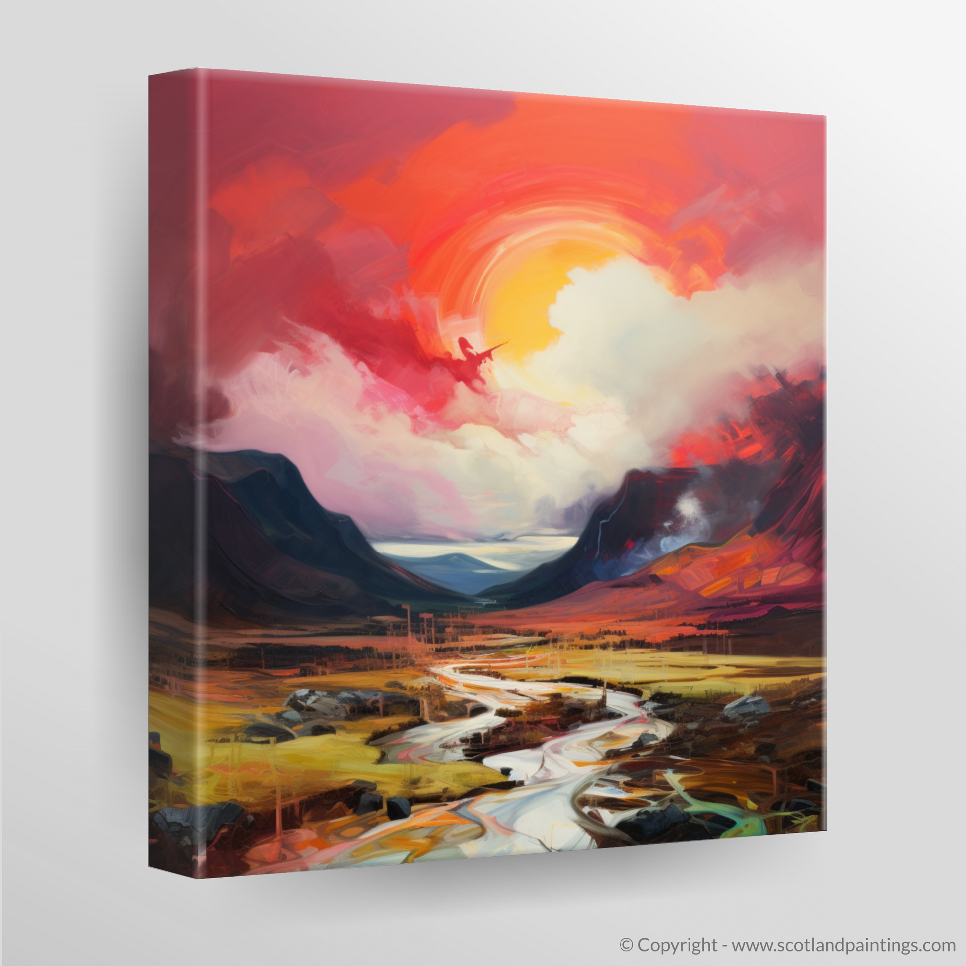 Canvas Print of Crimson clouds over valley in Glencoe