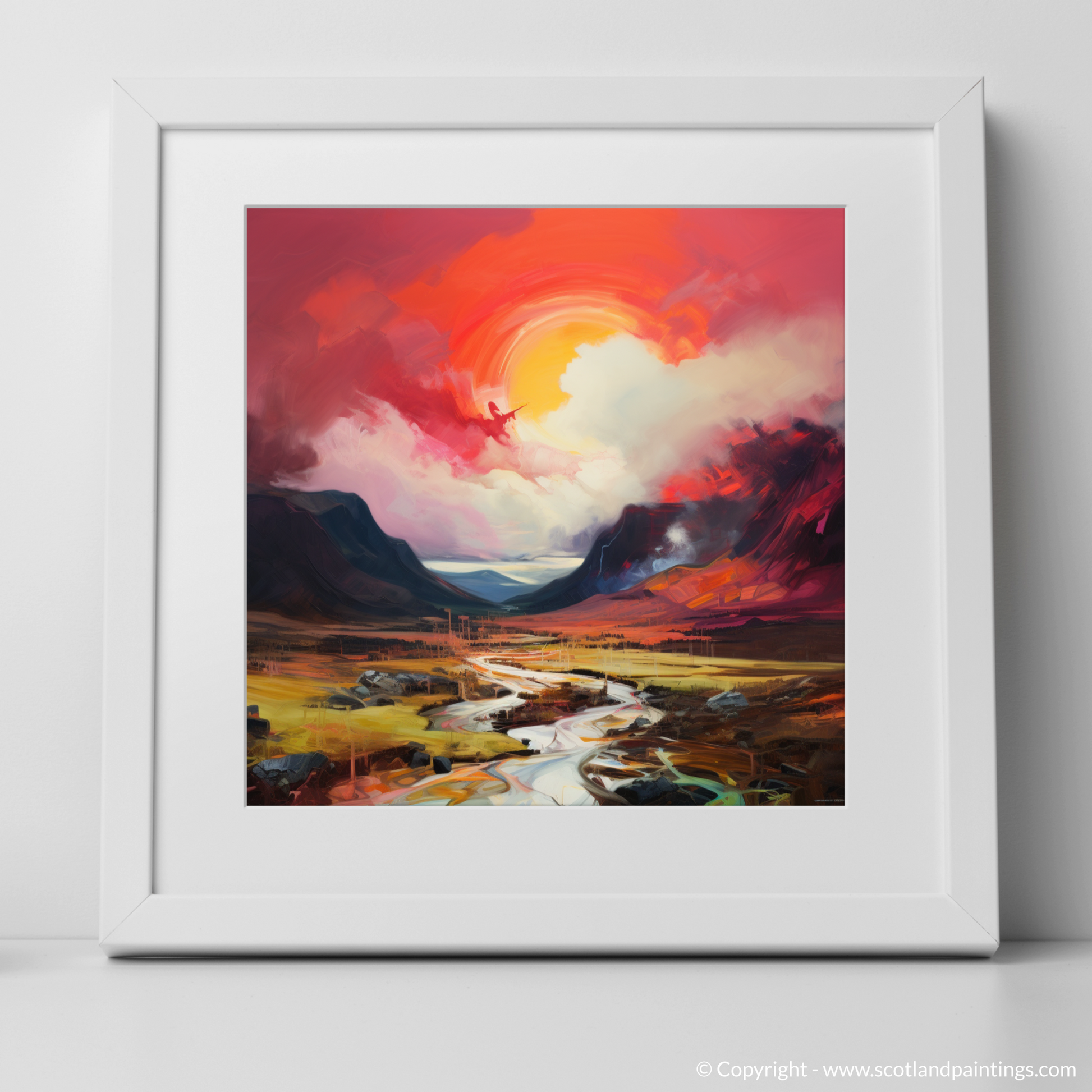 Art Print of Crimson clouds over valley in Glencoe with a white frame