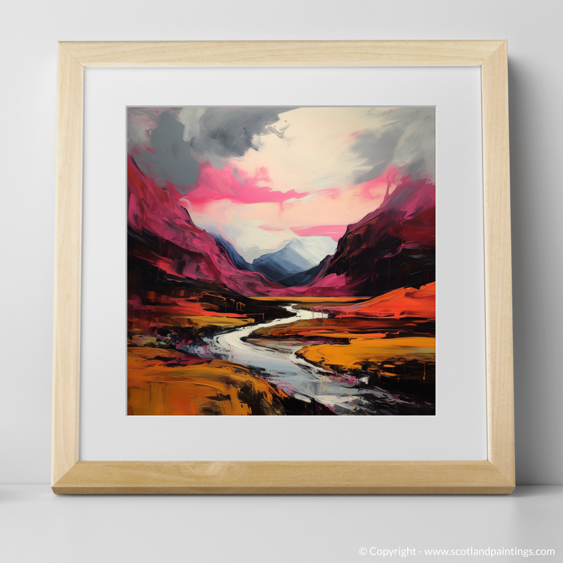 Art Print of Crimson clouds over valley in Glencoe with a natural frame