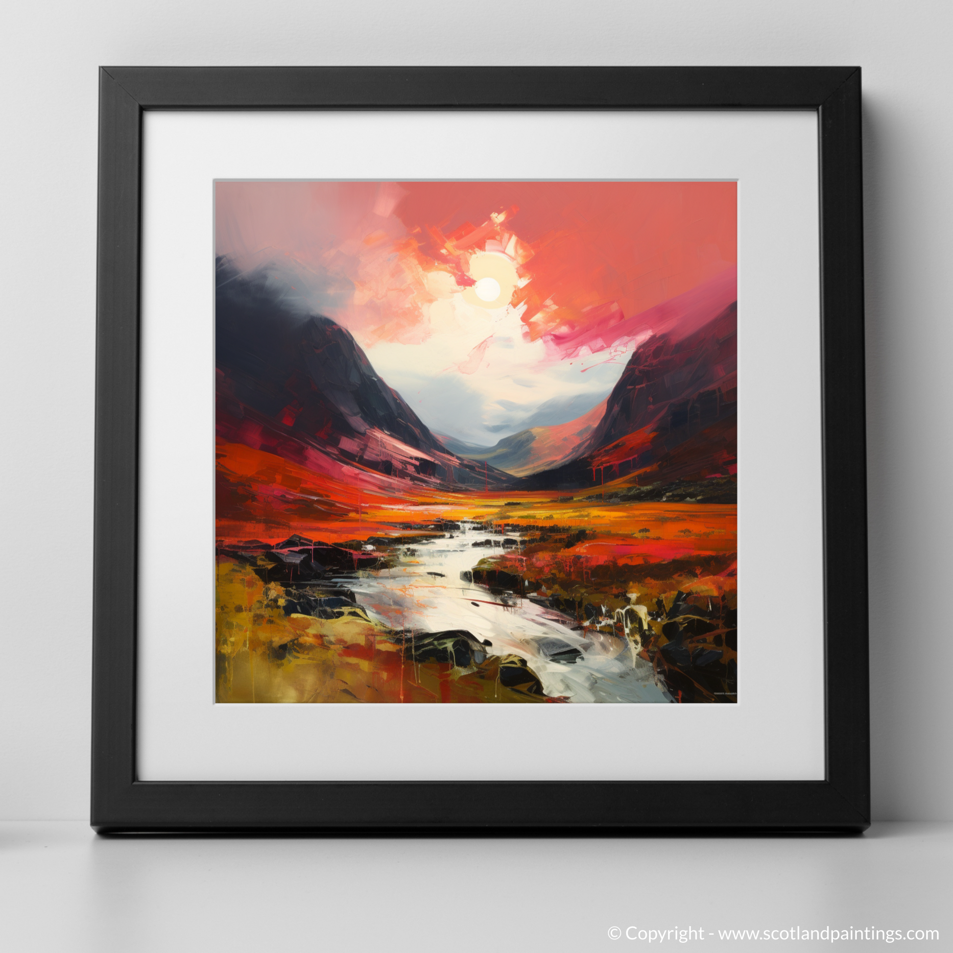Art Print of Crimson clouds over valley in Glencoe with a black frame