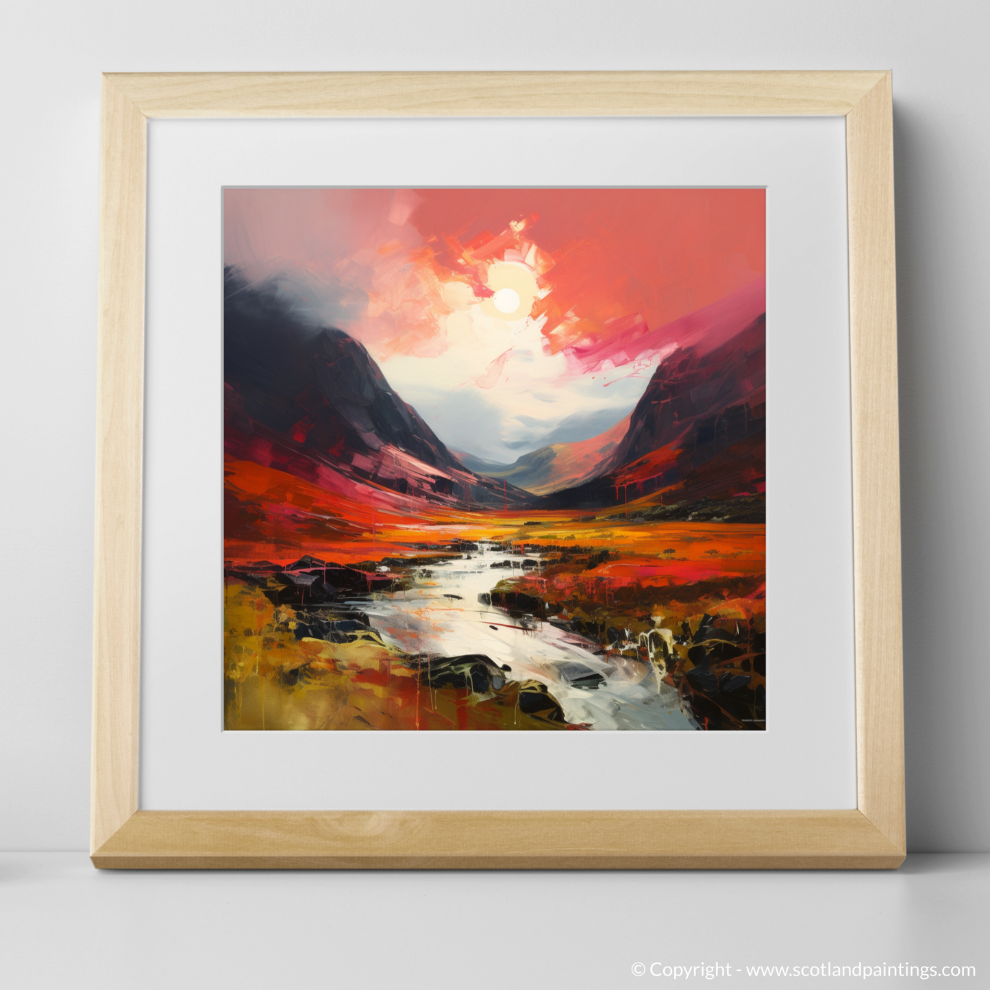 Art Print of Crimson clouds over valley in Glencoe with a natural frame