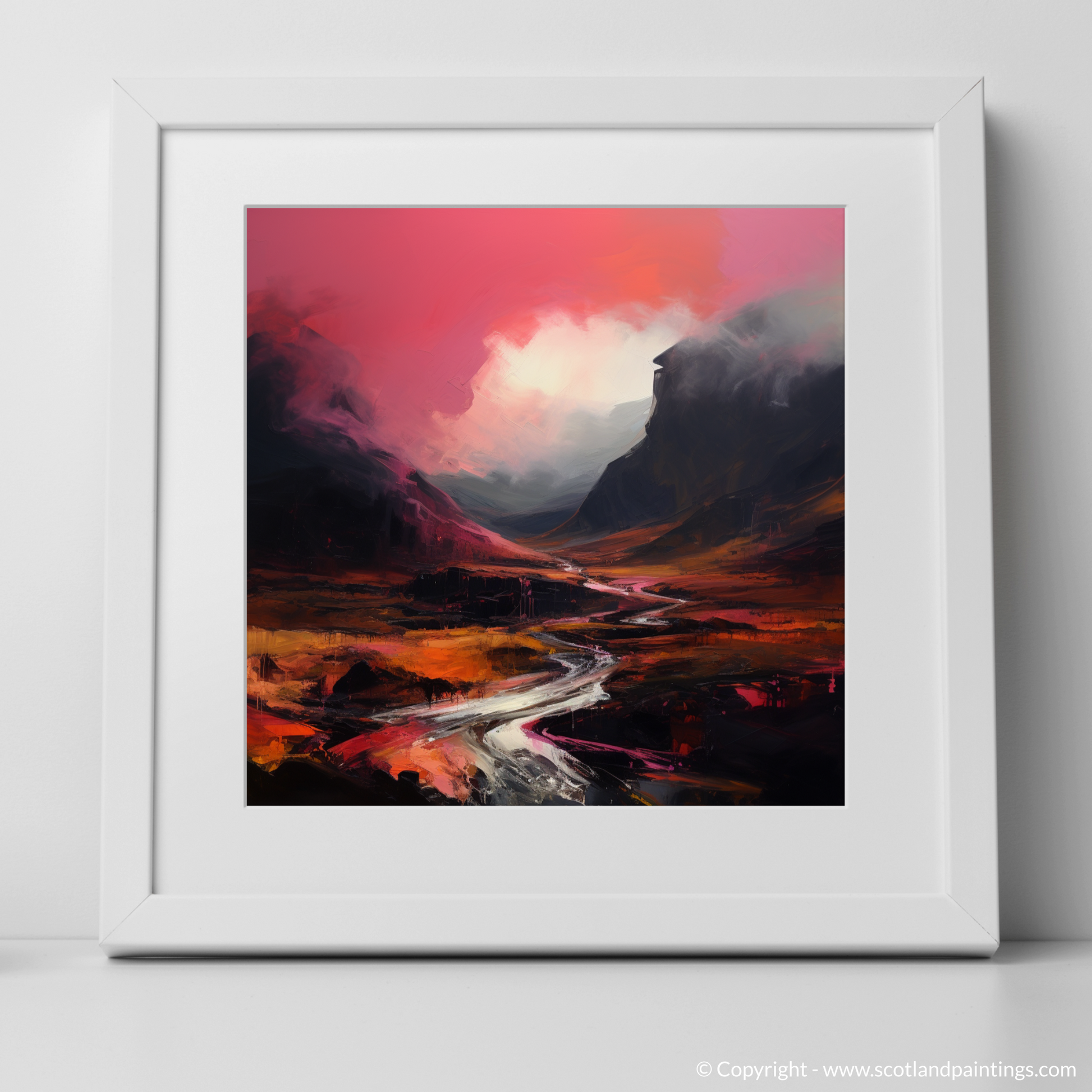 Art Print of Crimson clouds over valley in Glencoe with a white frame