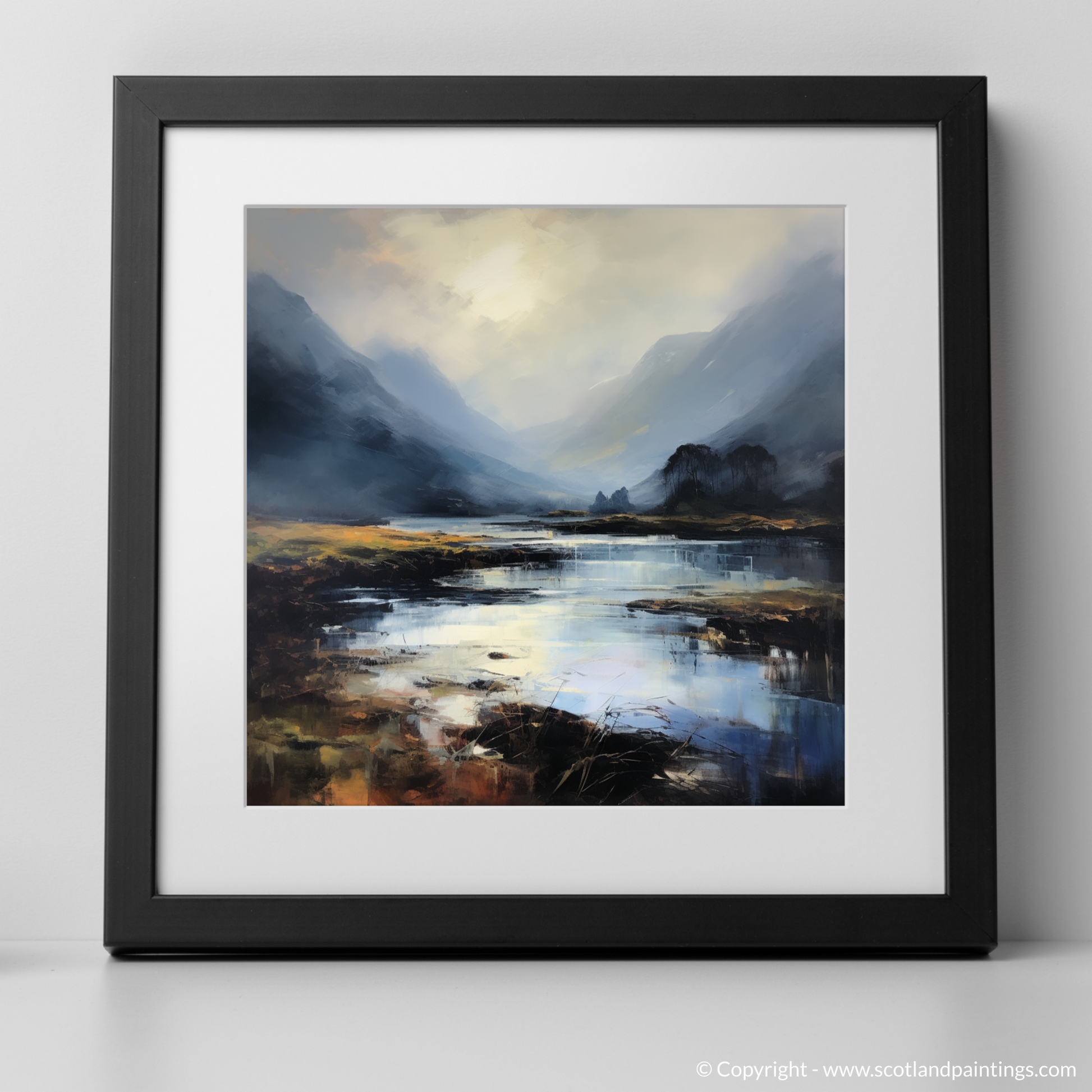 Art Print of Mist over river at dawn in Glencoe with a black frame