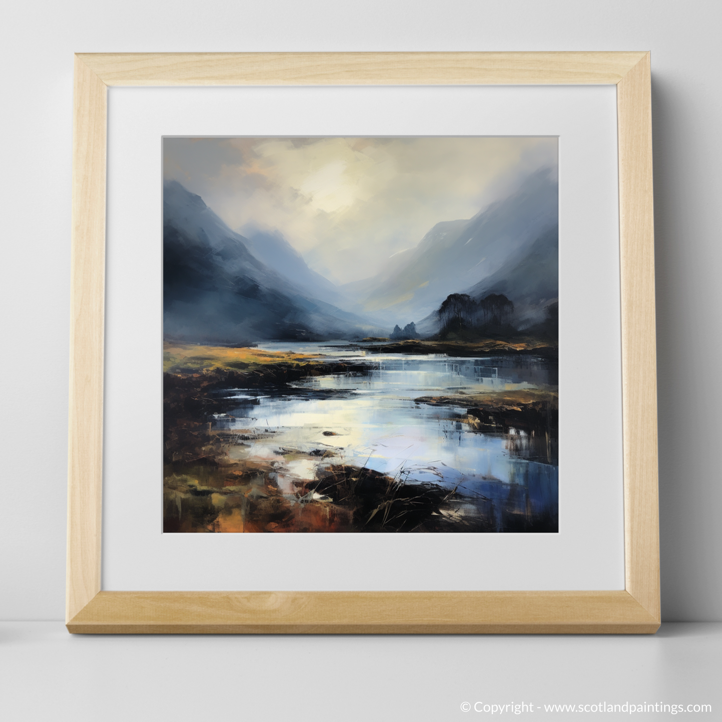 Art Print of Mist over river at dawn in Glencoe with a natural frame