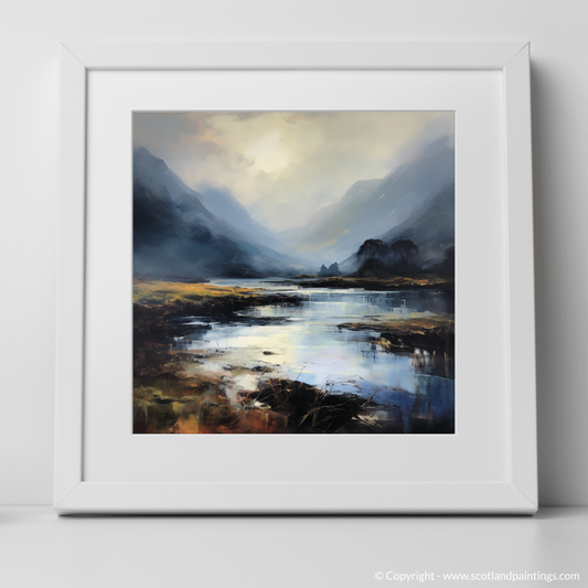 Art Print of Mist over river at dawn in Glencoe with a white frame