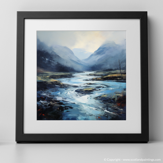 Art Print of Mist over river at dawn in Glencoe with a black frame