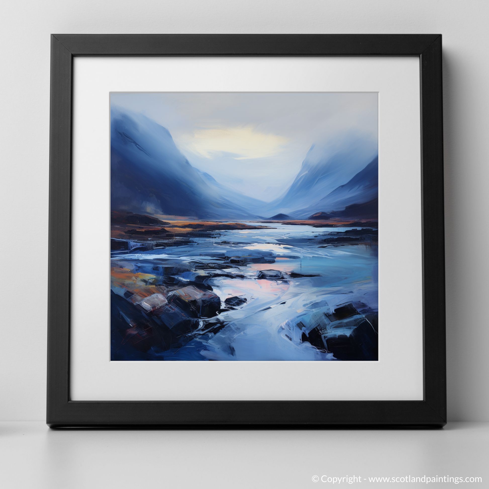 Art Print of Mist over river at dawn in Glencoe with a black frame