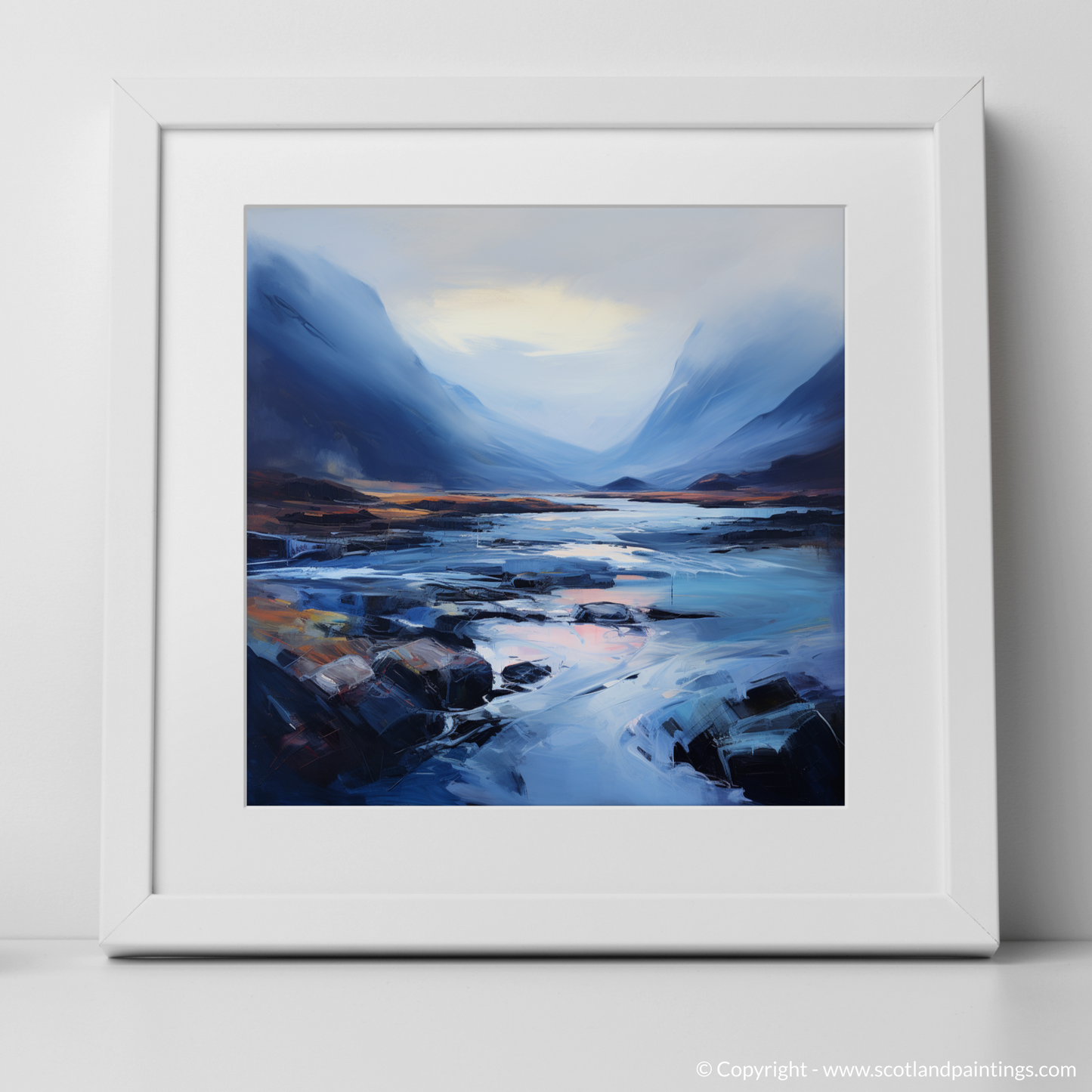 Art Print of Mist over river at dawn in Glencoe with a white frame