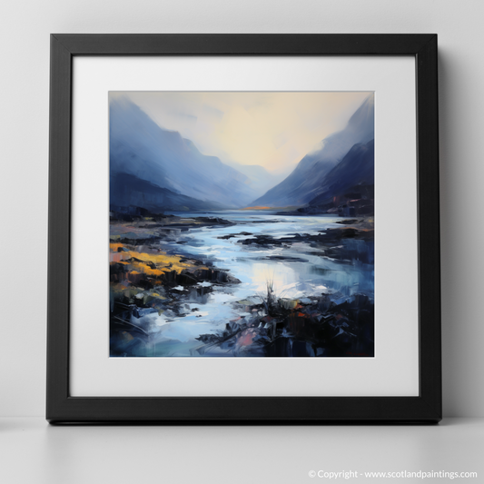 Art Print of Mist over river at dawn in Glencoe with a black frame