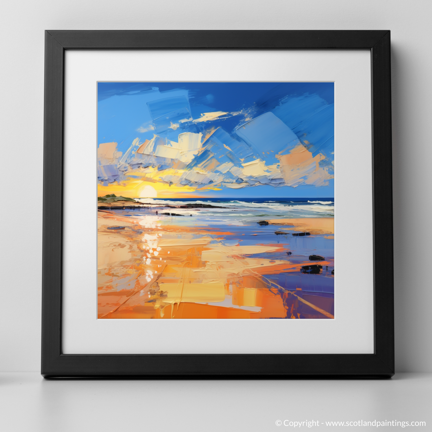 Art Print of Balmedie Beach at golden hour with a black frame