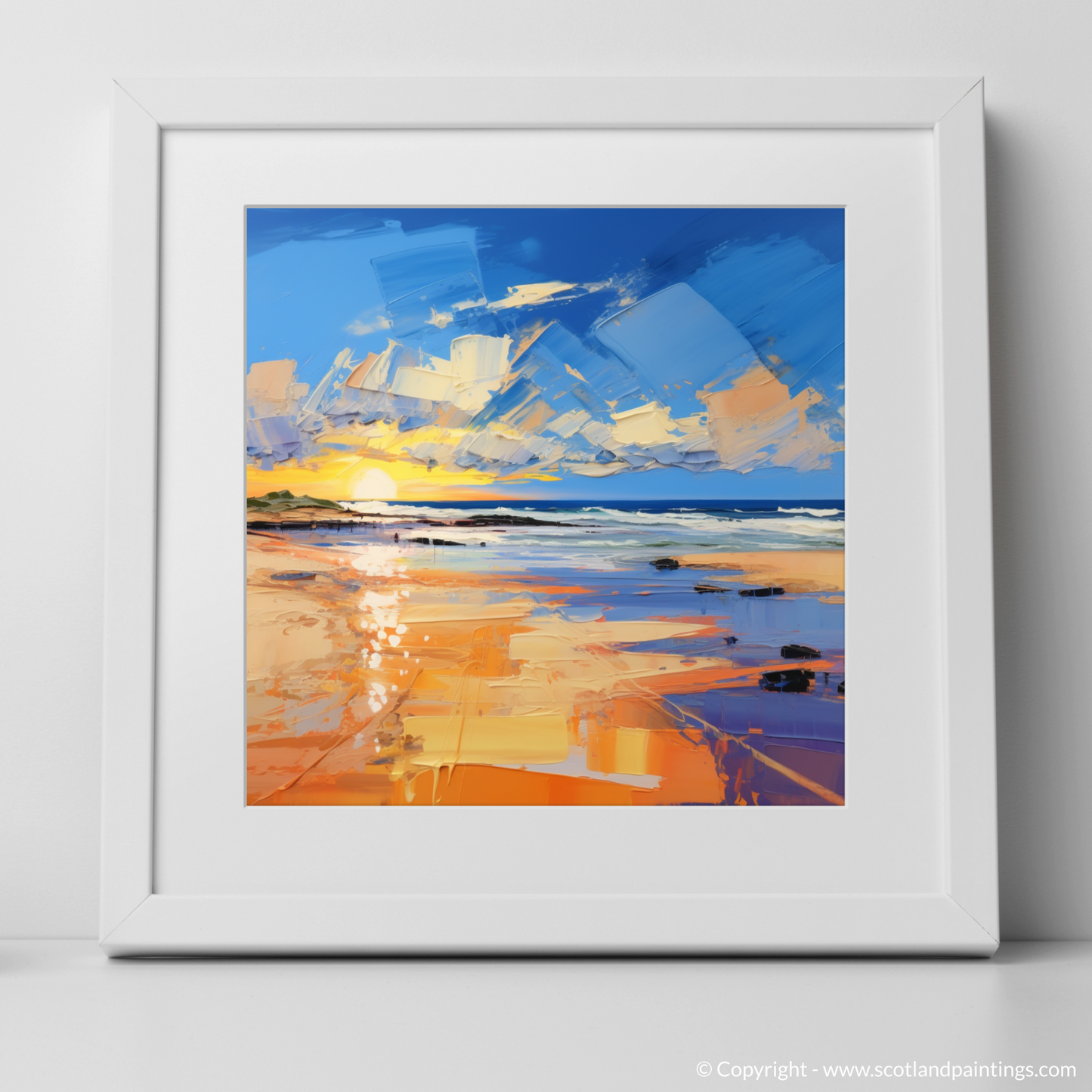 Art Print of Balmedie Beach at golden hour with a white frame