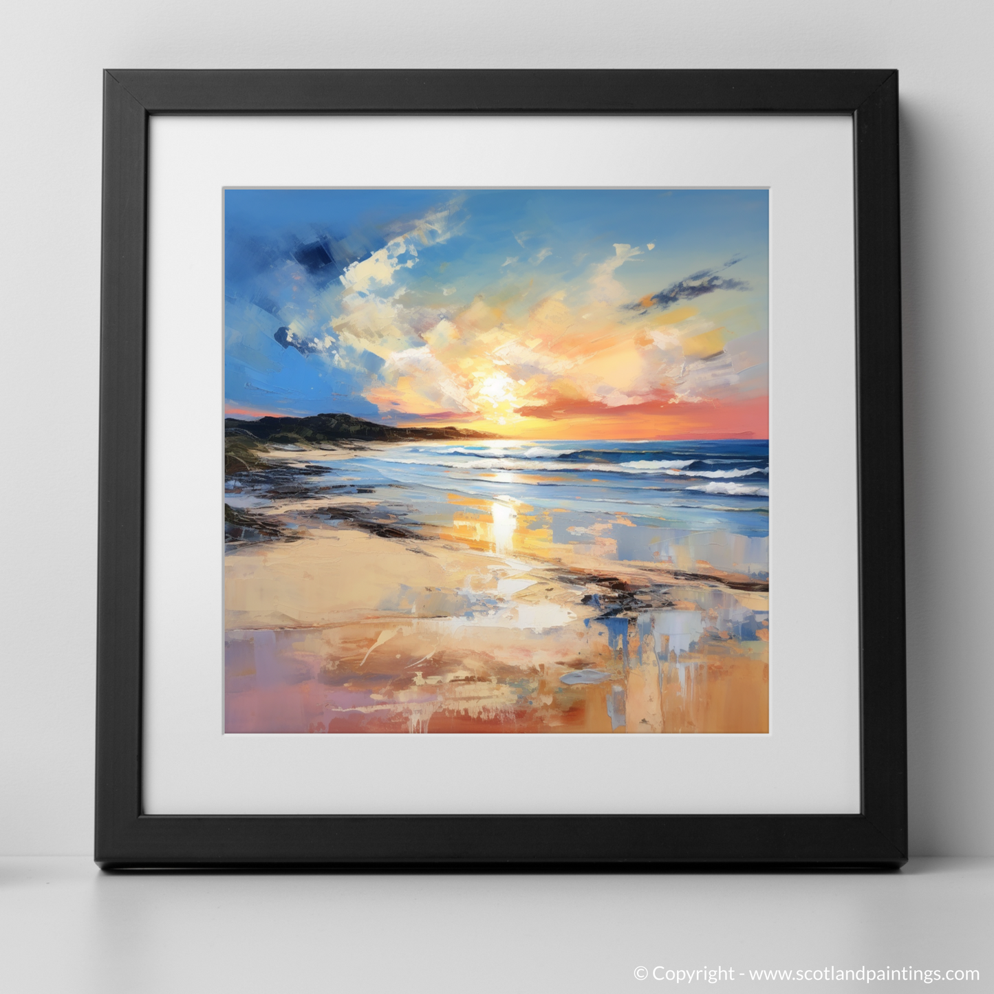 Art Print of Balmedie Beach at golden hour with a black frame