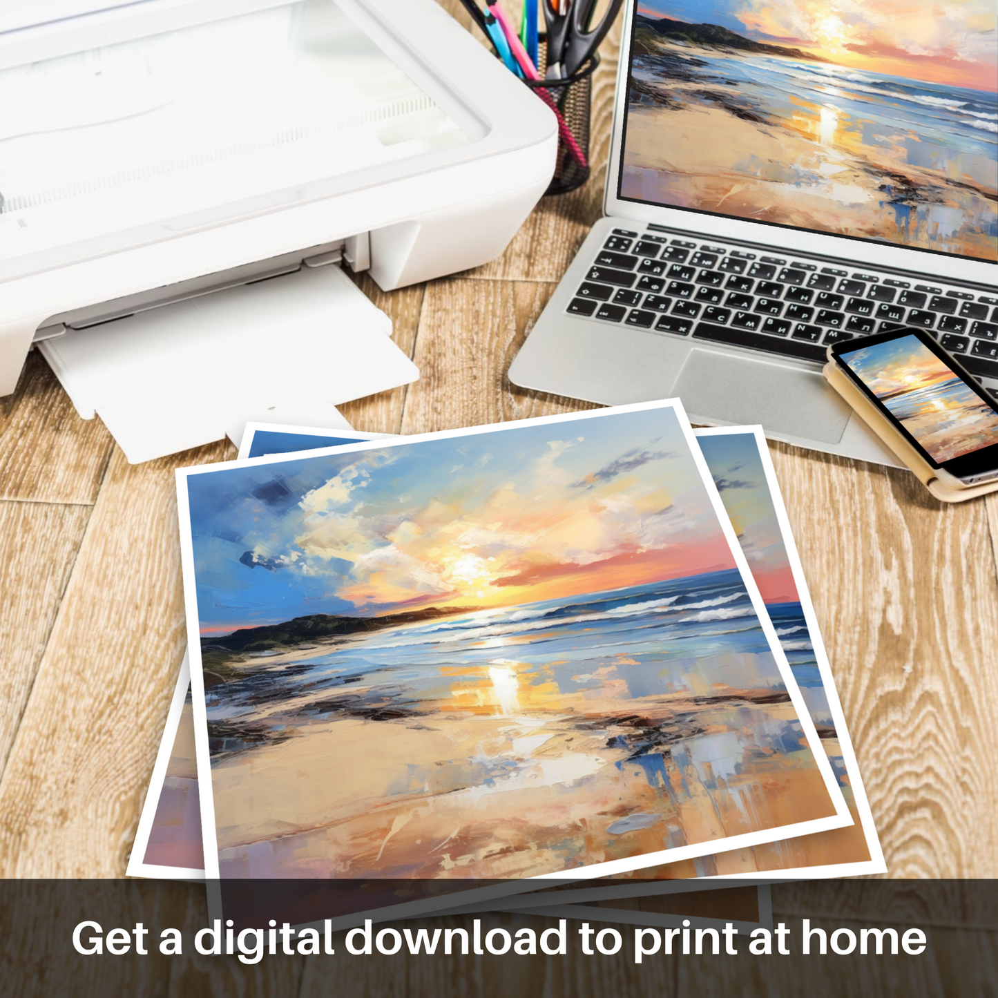 Downloadable and printable picture of Balmedie Beach at golden hour