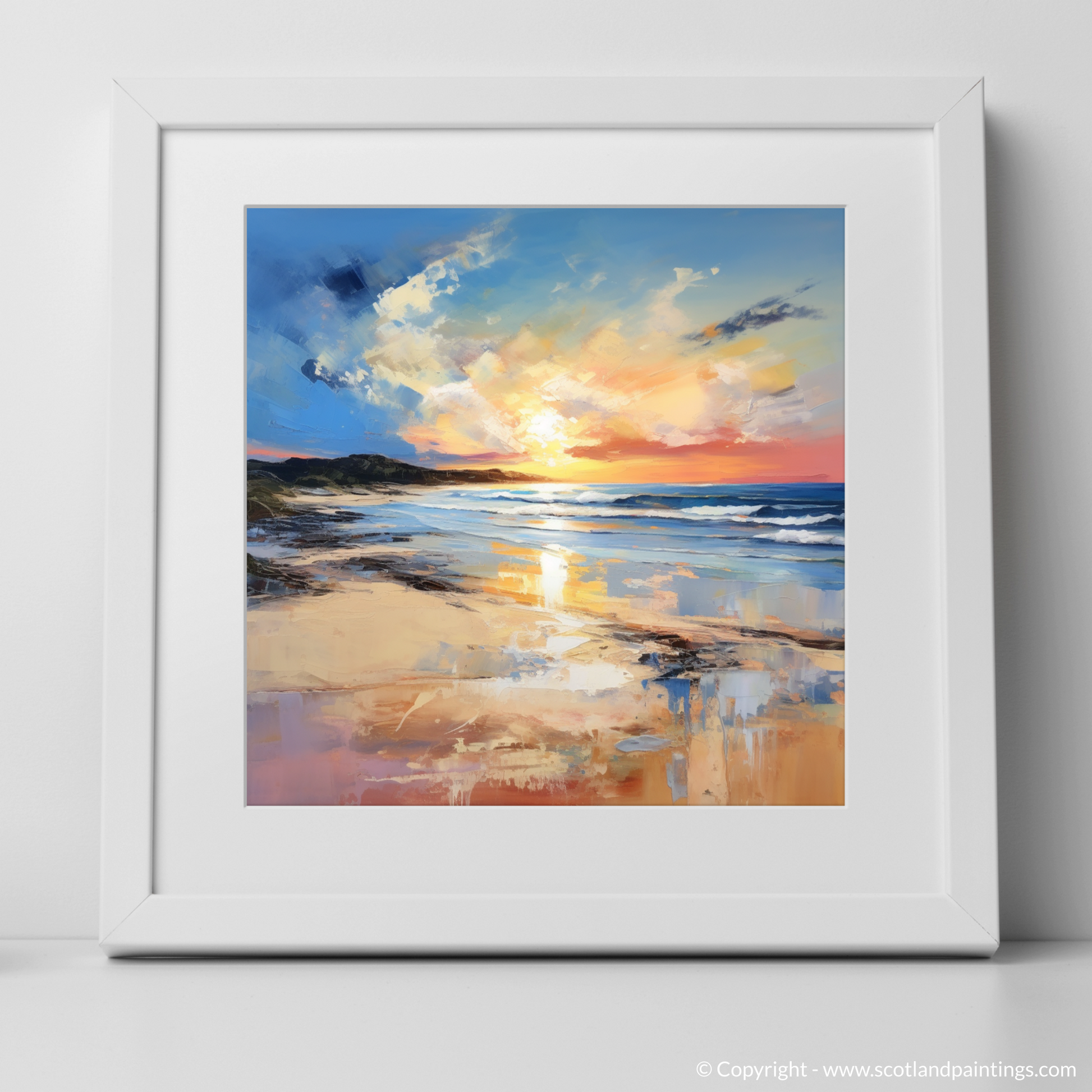 Art Print of Balmedie Beach at golden hour with a white frame