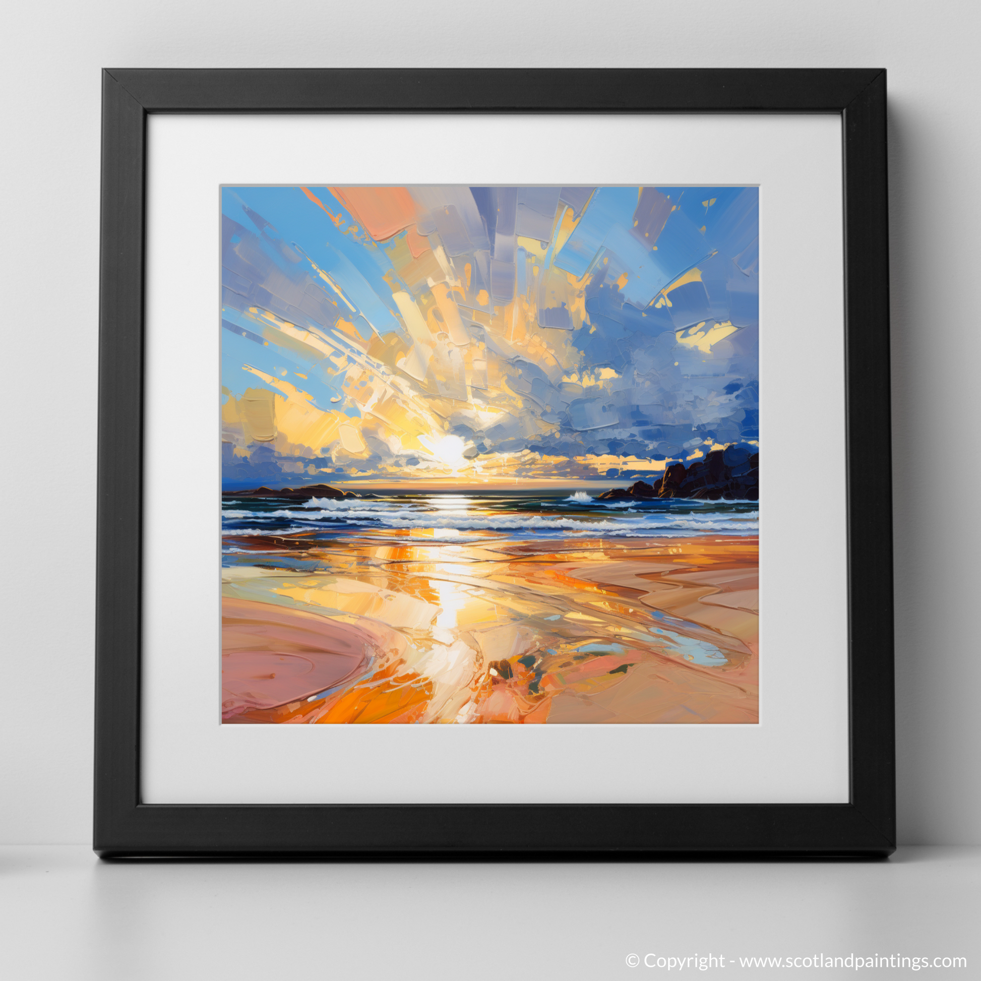 Art Print of Balmedie Beach at golden hour with a black frame