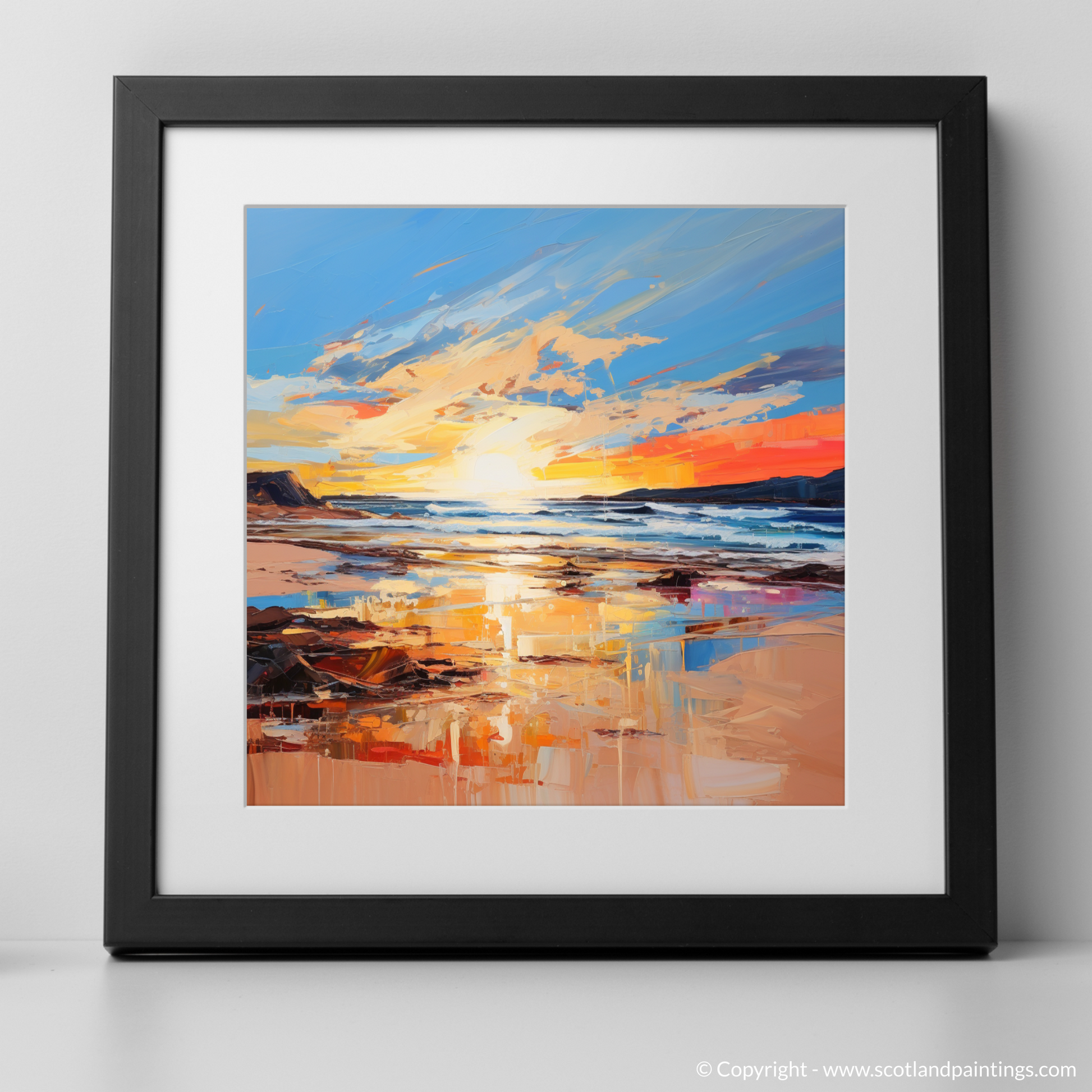 Art Print of Balmedie Beach at golden hour with a black frame