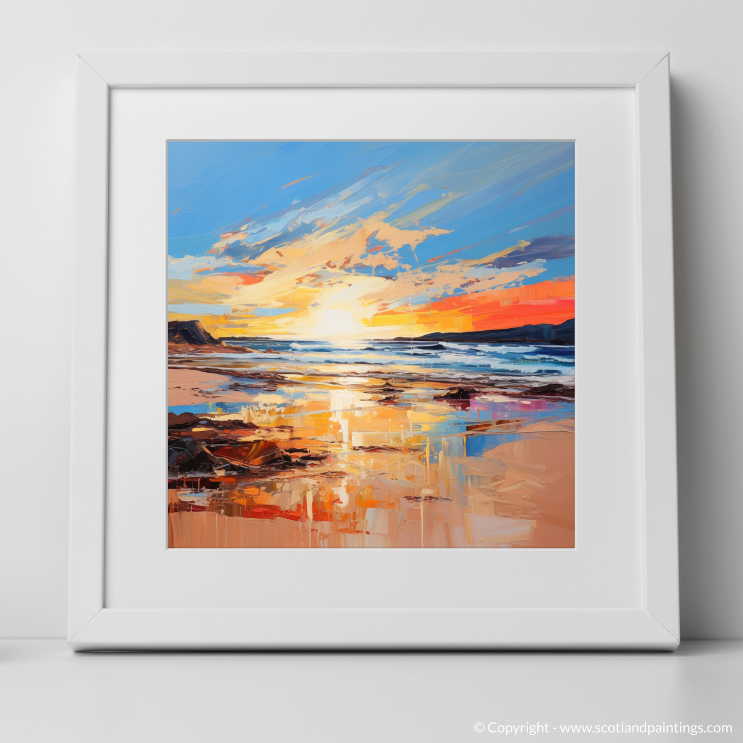 Art Print of Balmedie Beach at golden hour with a white frame