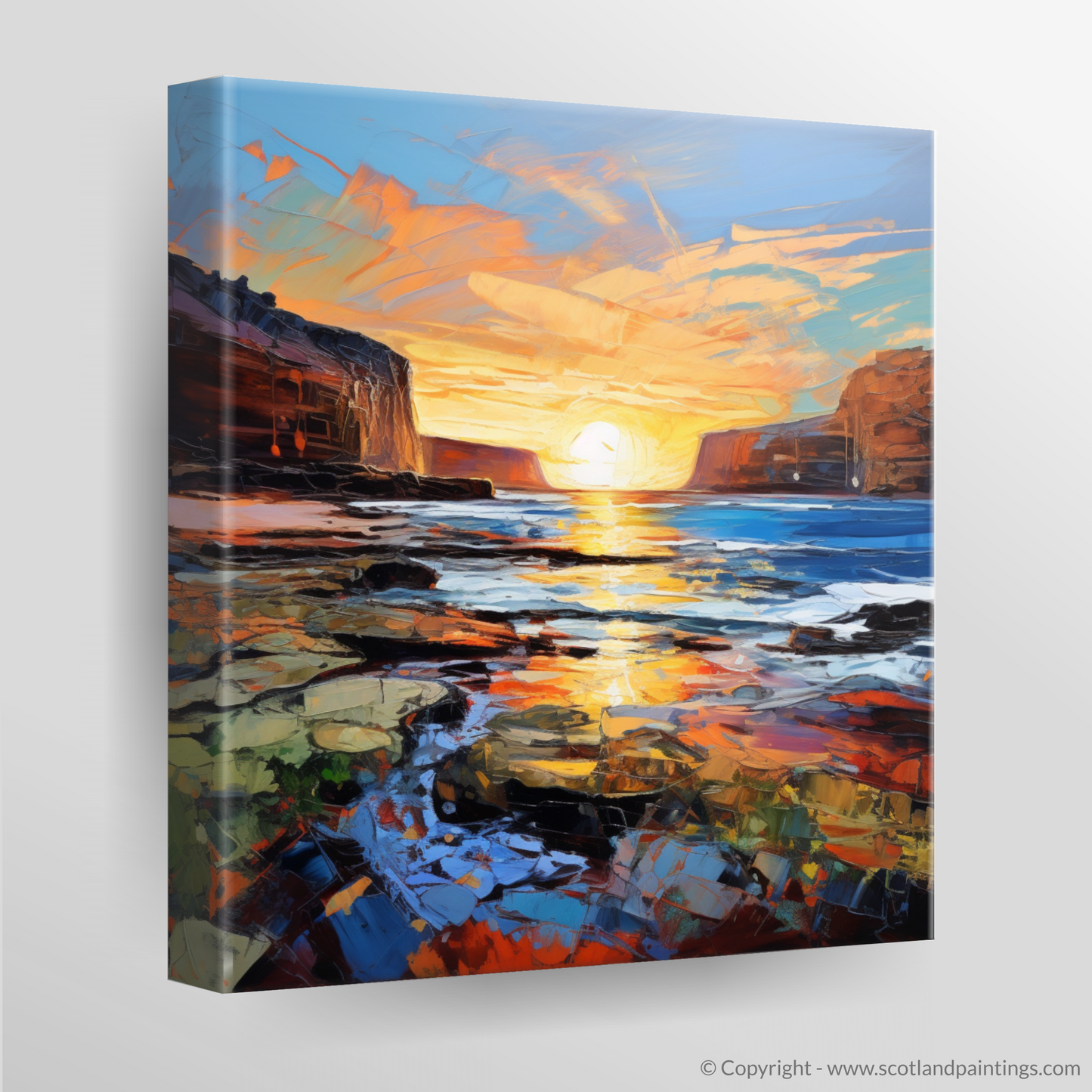 Painting and Art Print of Catterline Bay at golden hour. Golden Hour at Catterline Bay: An Expressionist Ode to Scottish Shores.