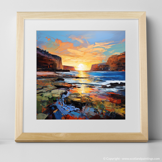 Painting and Art Print of Catterline Bay at golden hour. Golden Hour at Catterline Bay: An Expressionist Ode to Scottish Shores.