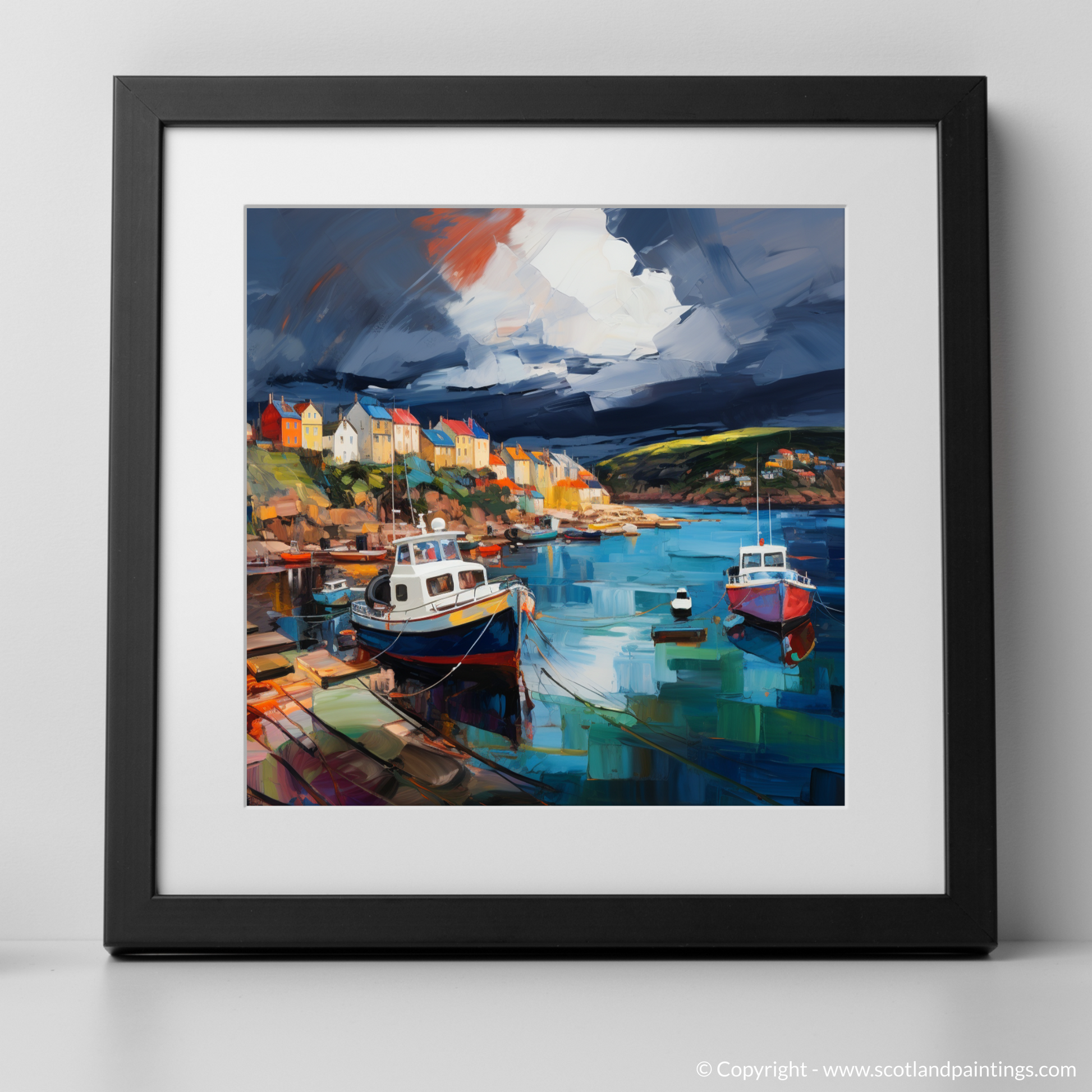 Art Print of St Abba's Harbour with a stormy sky with a black frame