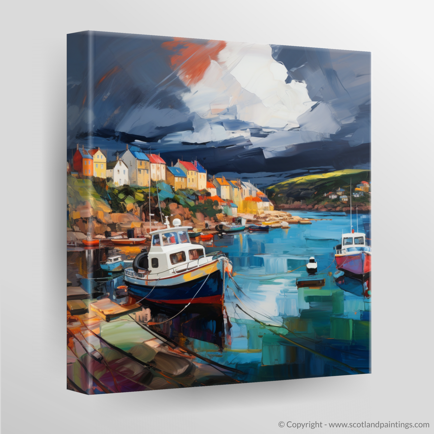 Canvas Print of St Abba's Harbour with a stormy sky