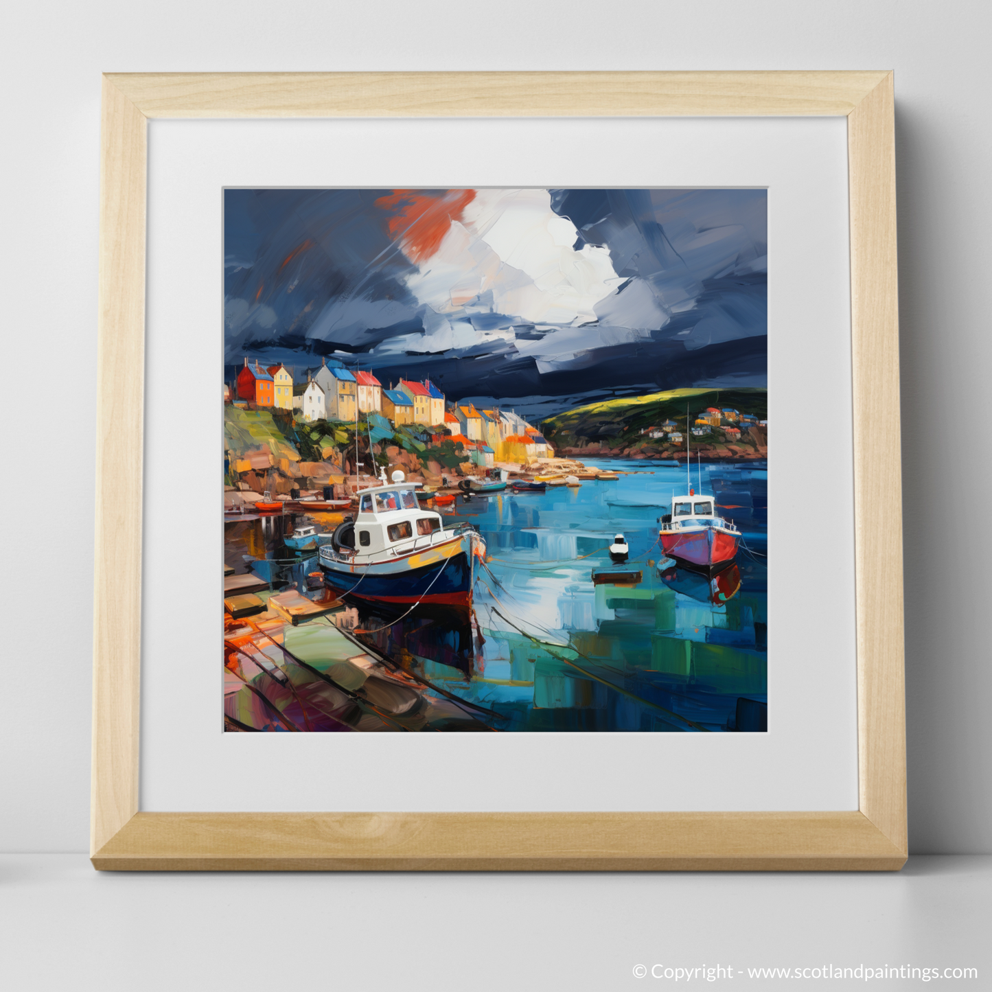 Art Print of St Abba's Harbour with a stormy sky with a natural frame