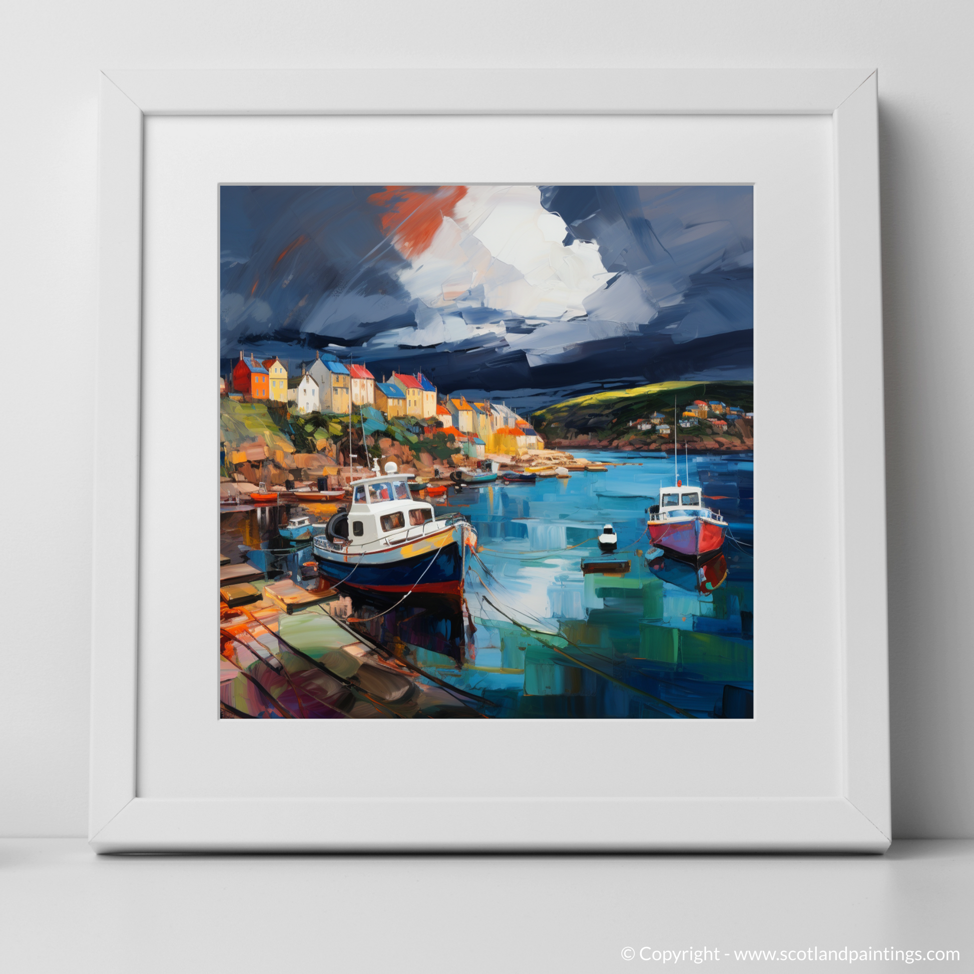 Art Print of St Abba's Harbour with a stormy sky with a white frame