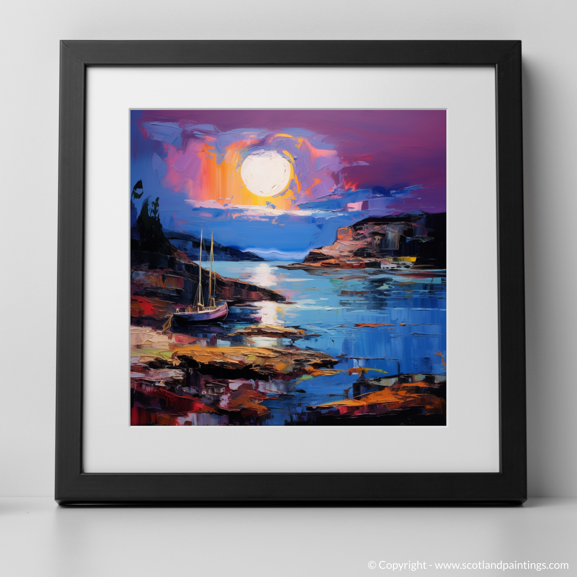 Art Print of Whitehills Harbour at dusk with a black frame