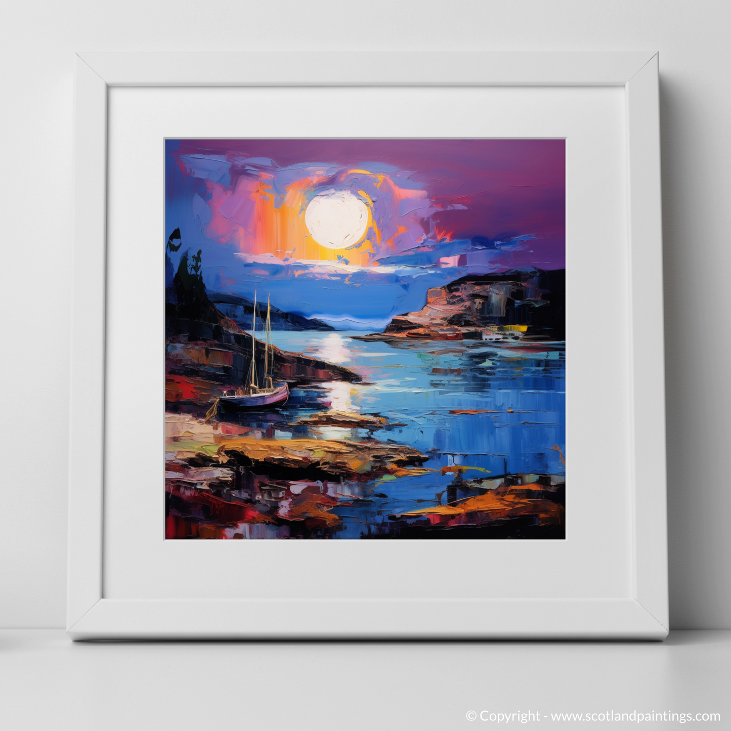 Art Print of Whitehills Harbour at dusk with a white frame