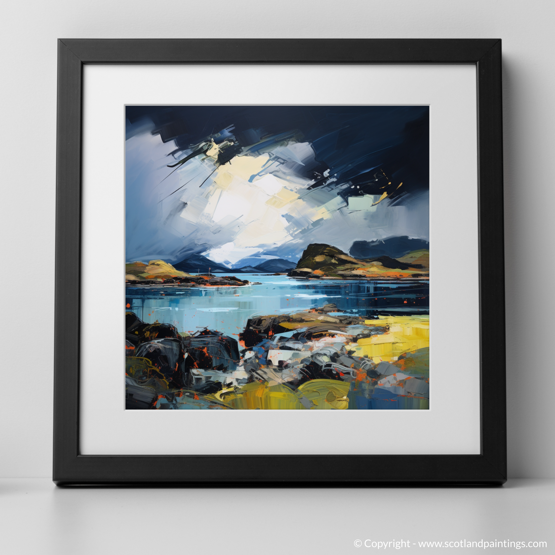 Art Print of Easdale Sound with a stormy sky with a black frame