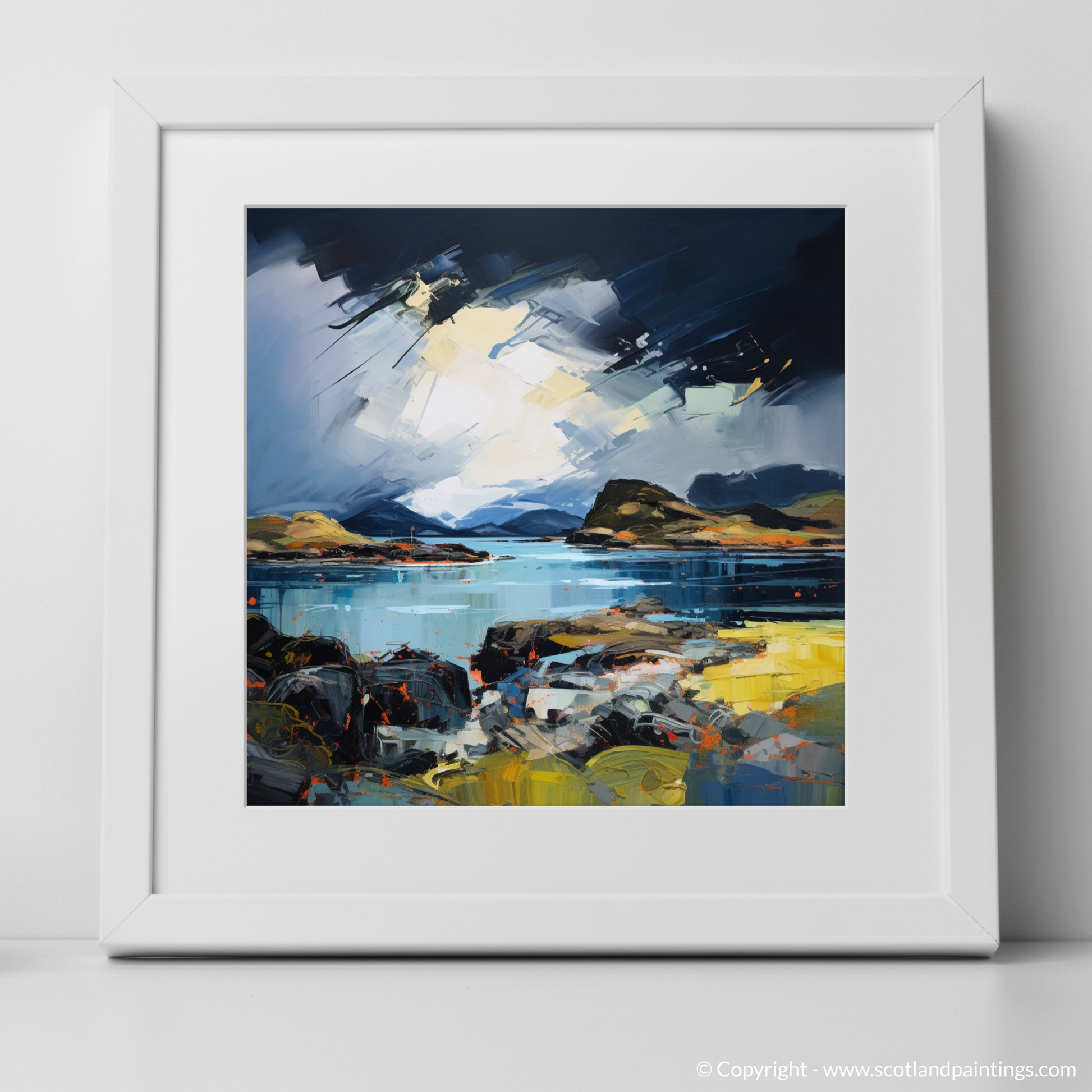 Art Print of Easdale Sound with a stormy sky with a white frame