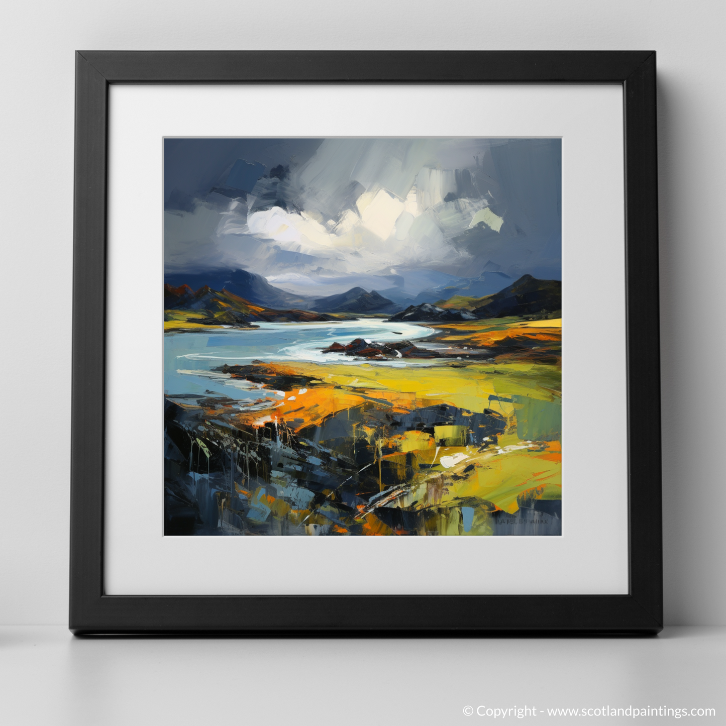 Art Print of Easdale Sound with a stormy sky with a black frame