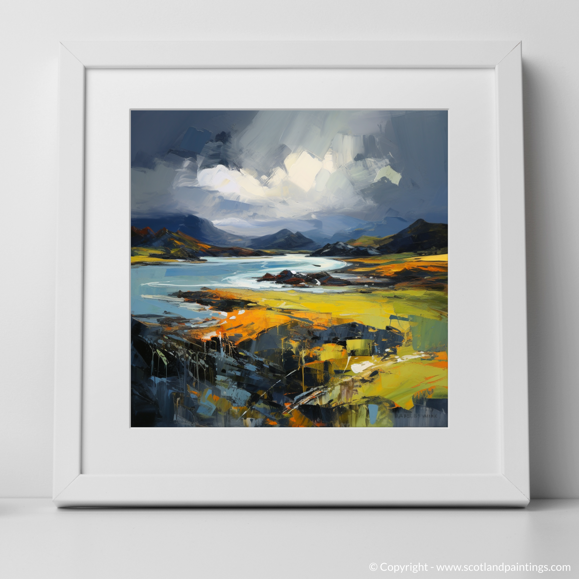 Art Print of Easdale Sound with a stormy sky with a white frame