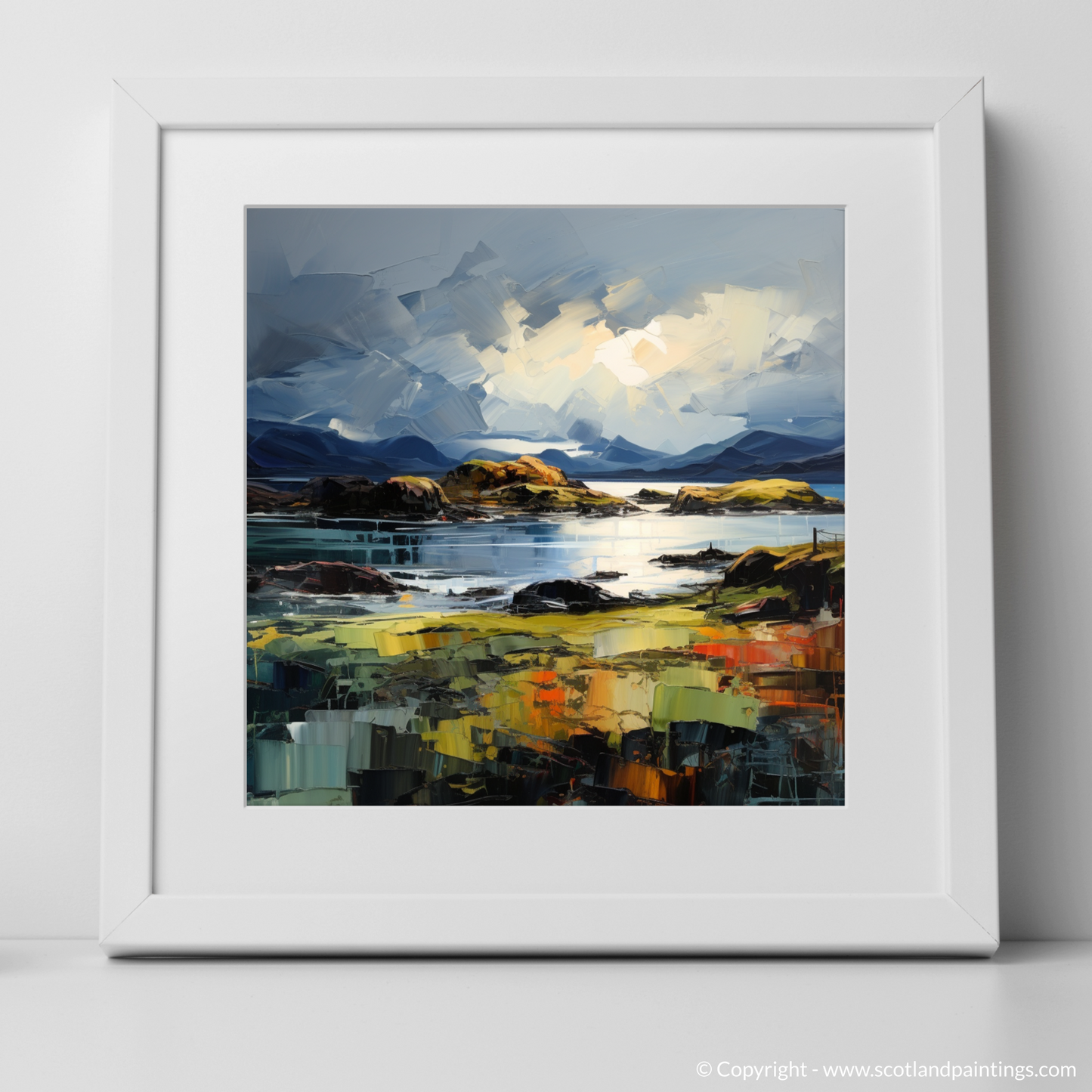 Art Print of Easdale Sound with a stormy sky with a white frame