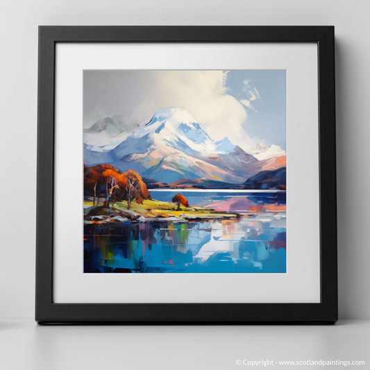 Art Print of Snow-capped peaks overlooking Loch Lomond with a black frame