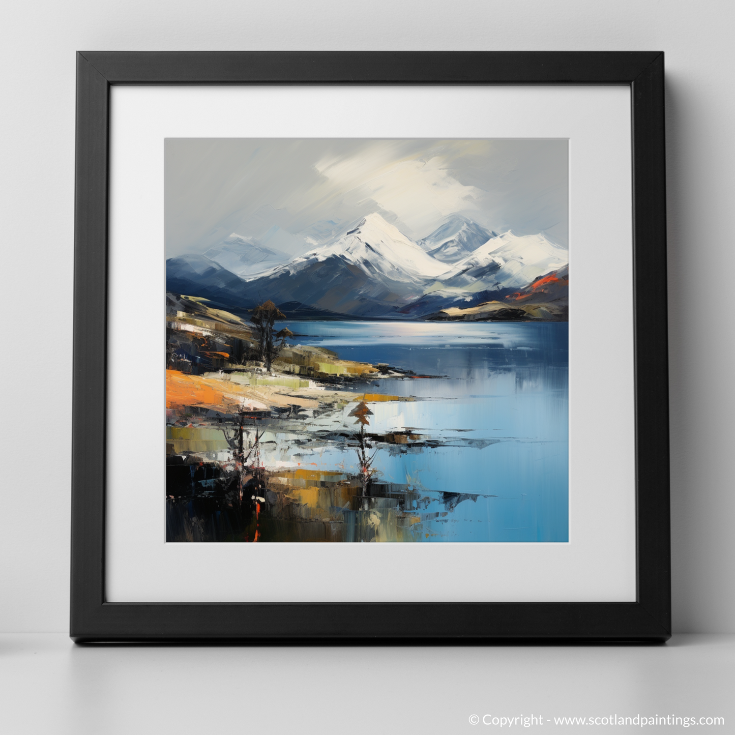 Art Print of Snow-capped peaks overlooking Loch Lomond with a black frame