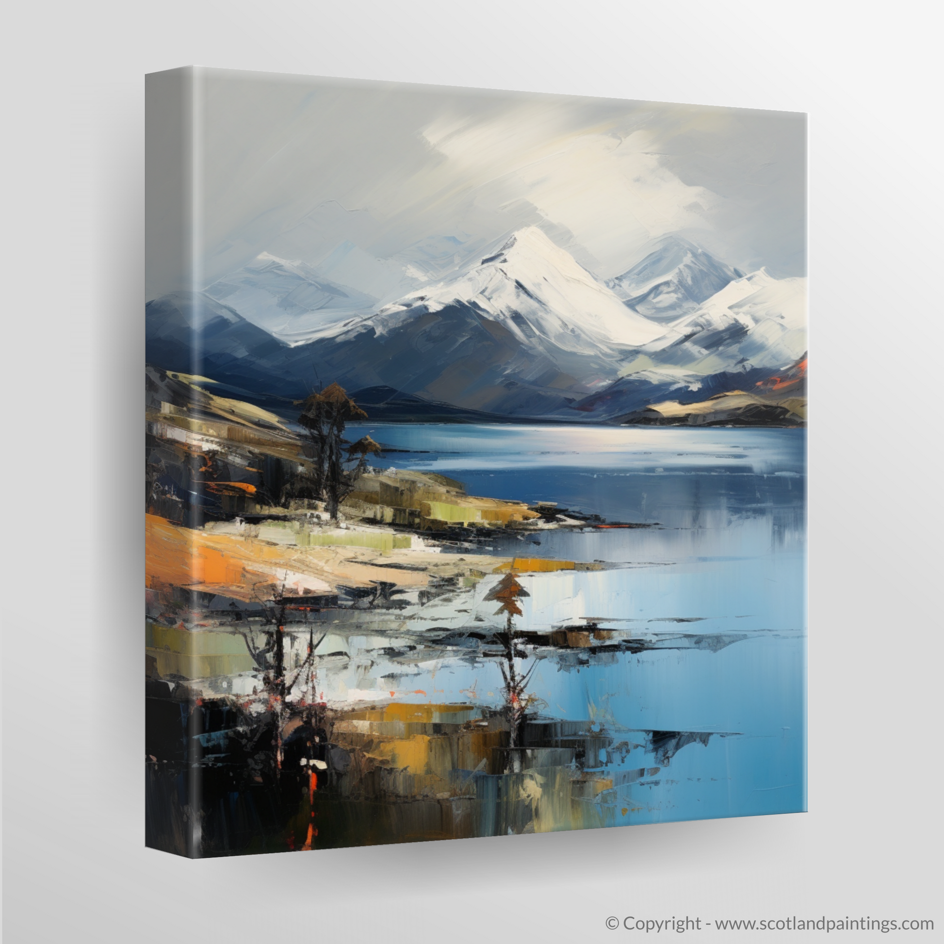 Canvas Print of Snow-capped peaks overlooking Loch Lomond